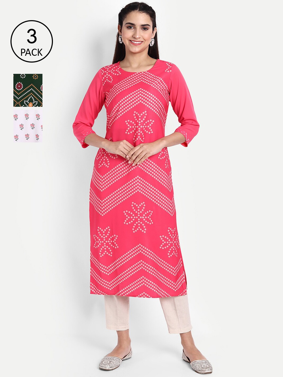 

Ethnic basket Women Pack of 3 Ethnic Motifs Printed Crepe Kurta, Pink