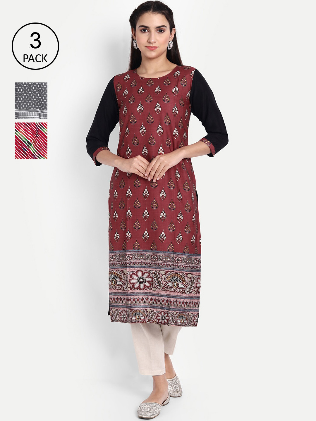 

Ethnic basket Women Pack of 3 Ethnic Motifs Printed Crepe Kurta, Maroon