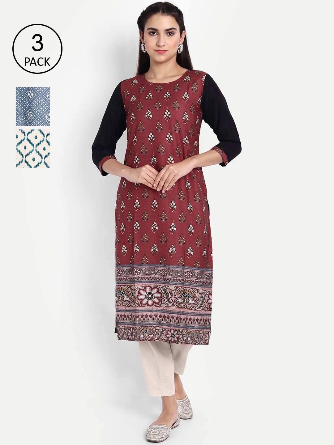 

Ethnic basket Women Pack Of 3 Printed Crepe Kurta, Maroon