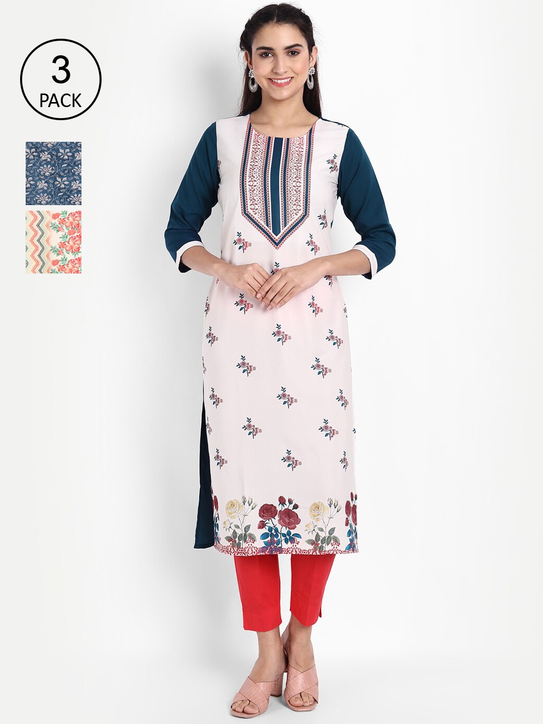 

Ethnic basket Women Pack of 3 Ethnic Motifs Printed Crepe Kurta, Pink