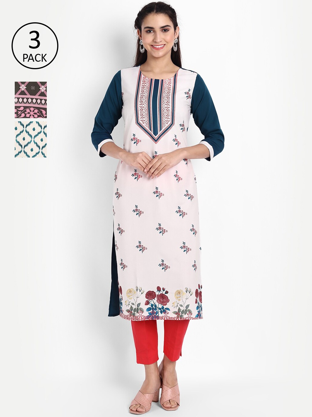 

Ethnic basket Women Pack of 3 Ethnic Motifs Printed Crepe Kurta, Pink
