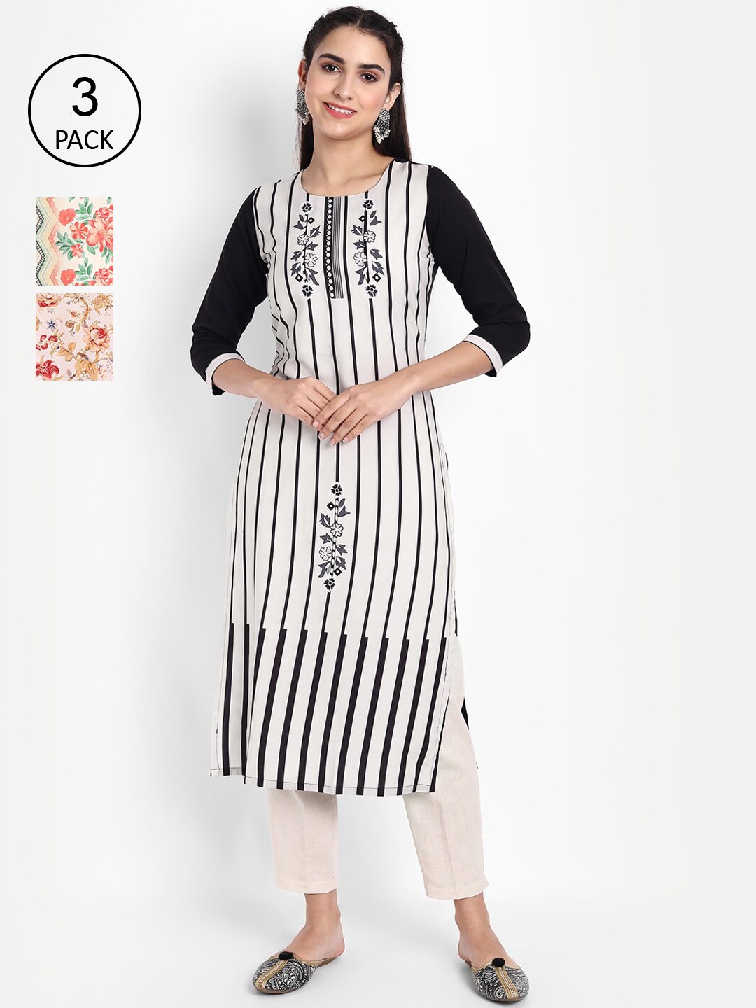 

Ethnic basket Women Pack Of 3 Printed Crepe Kurta, White