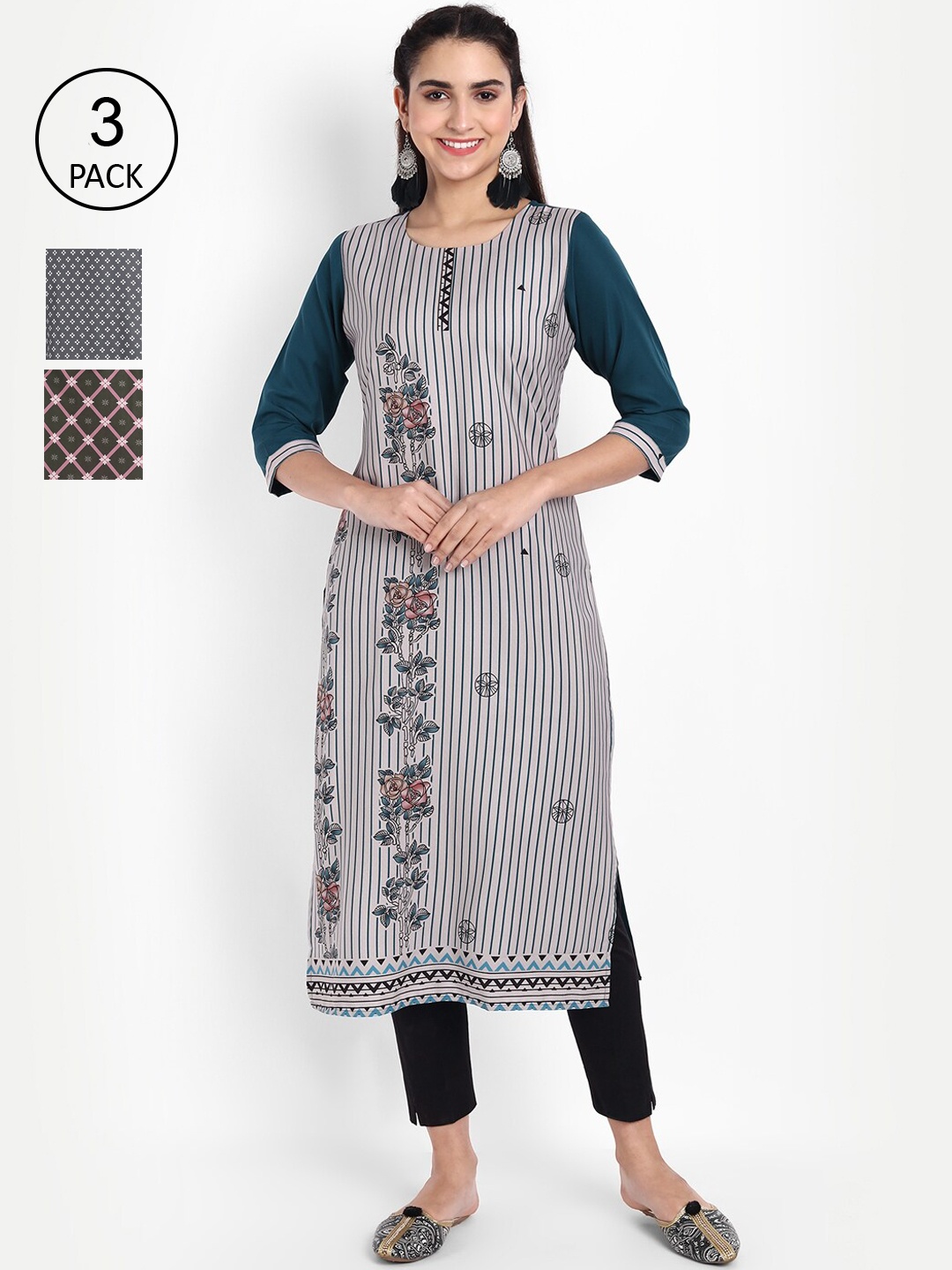 

Ethnic basket Women Pack Of 3 Multicoloured Ethnic Motifs Printed Kurta, Multi