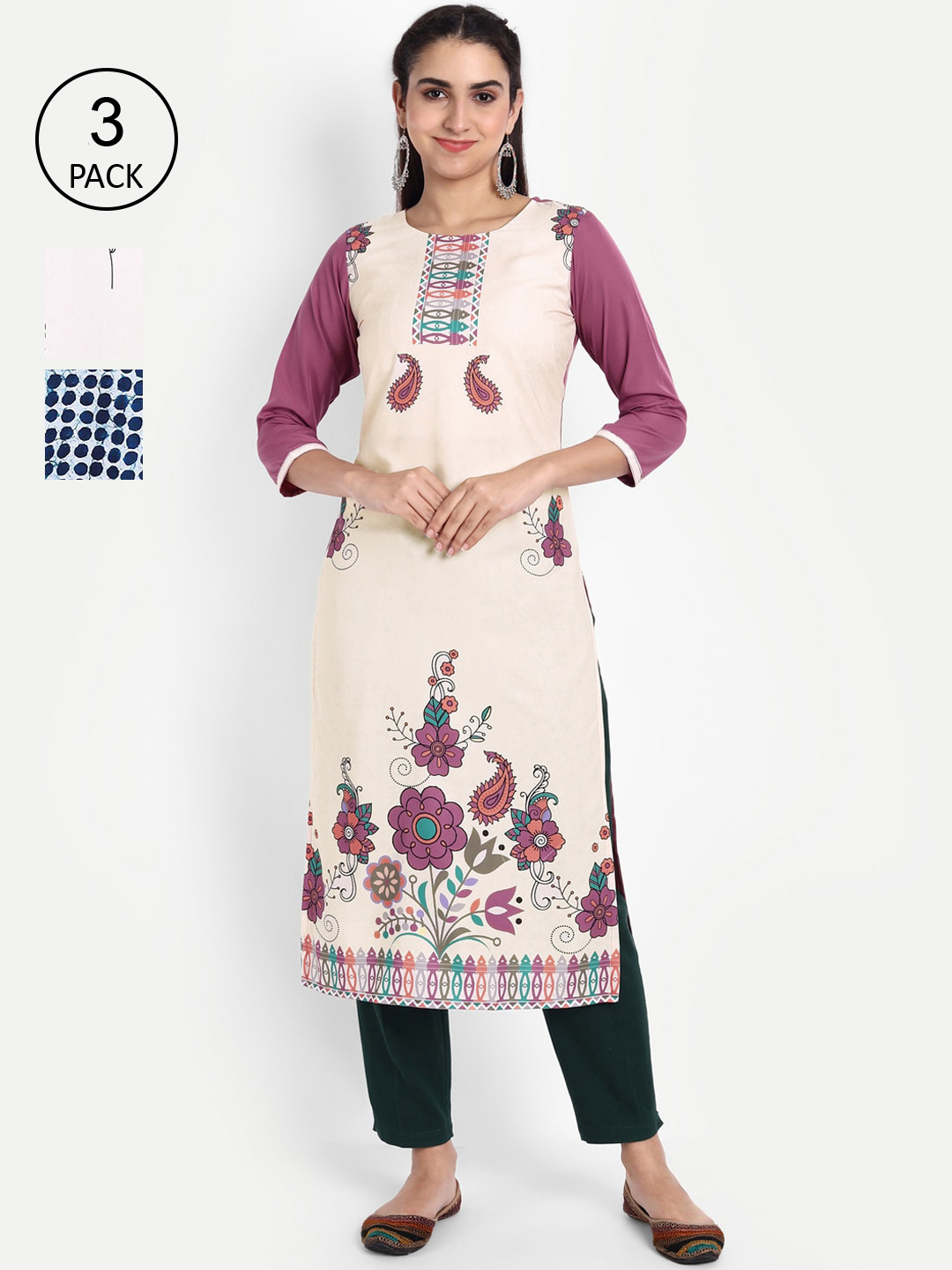 

Ethnic basket Women Pack Of 3 Printed Crepe Kurta, Cream