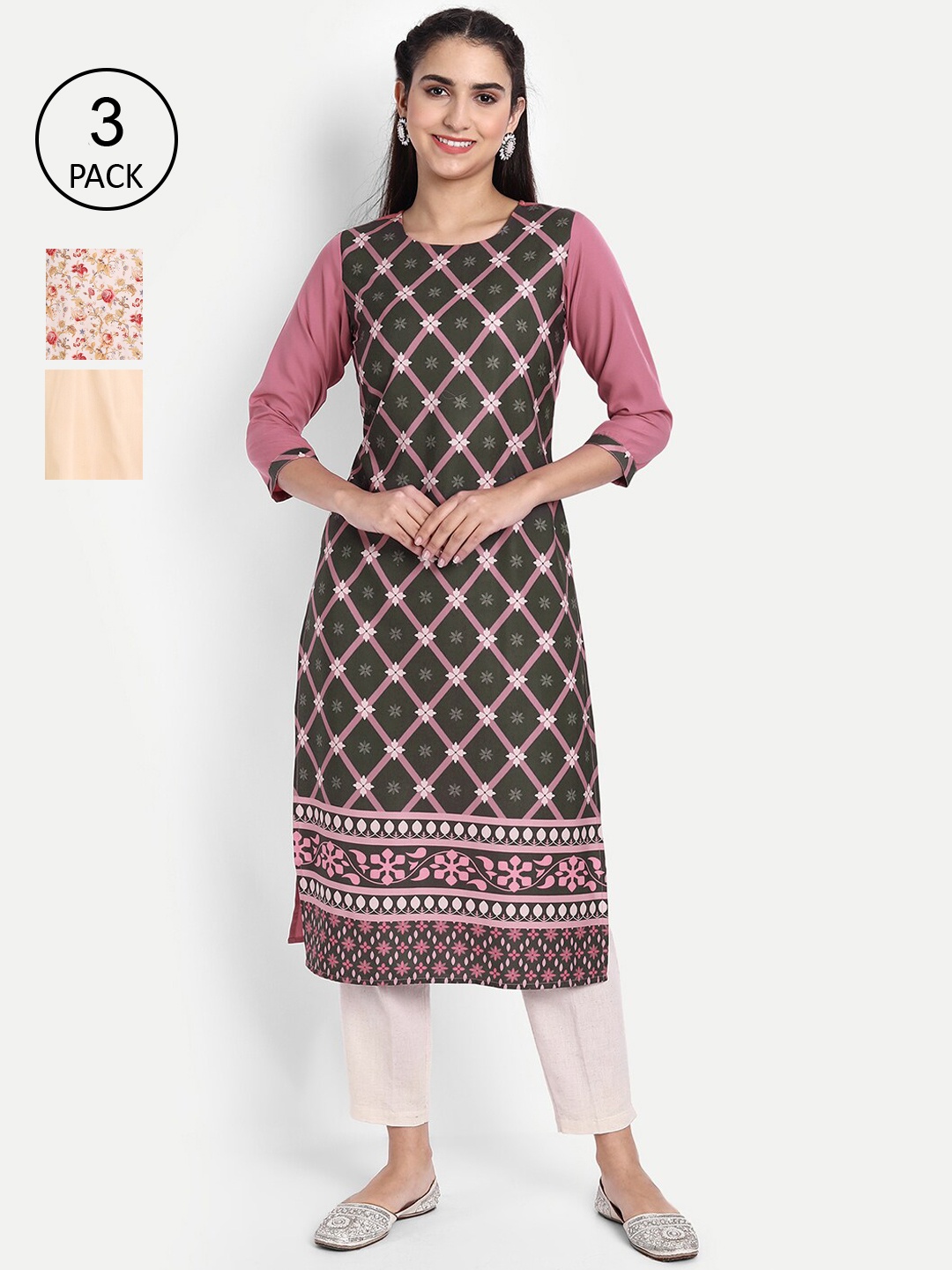 

Ethnic basket Women Pack Of 3 Printed Crepe Kurta, Green