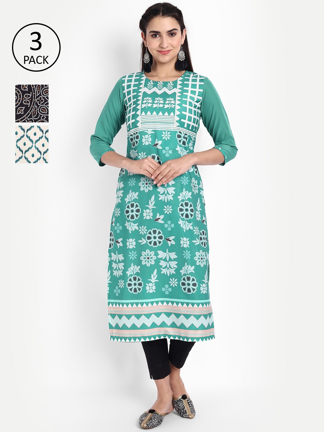 

Ethnic basket Women Pack of 3 Geometric Printed Thread Work Floral Crepe Kurta, Multi
