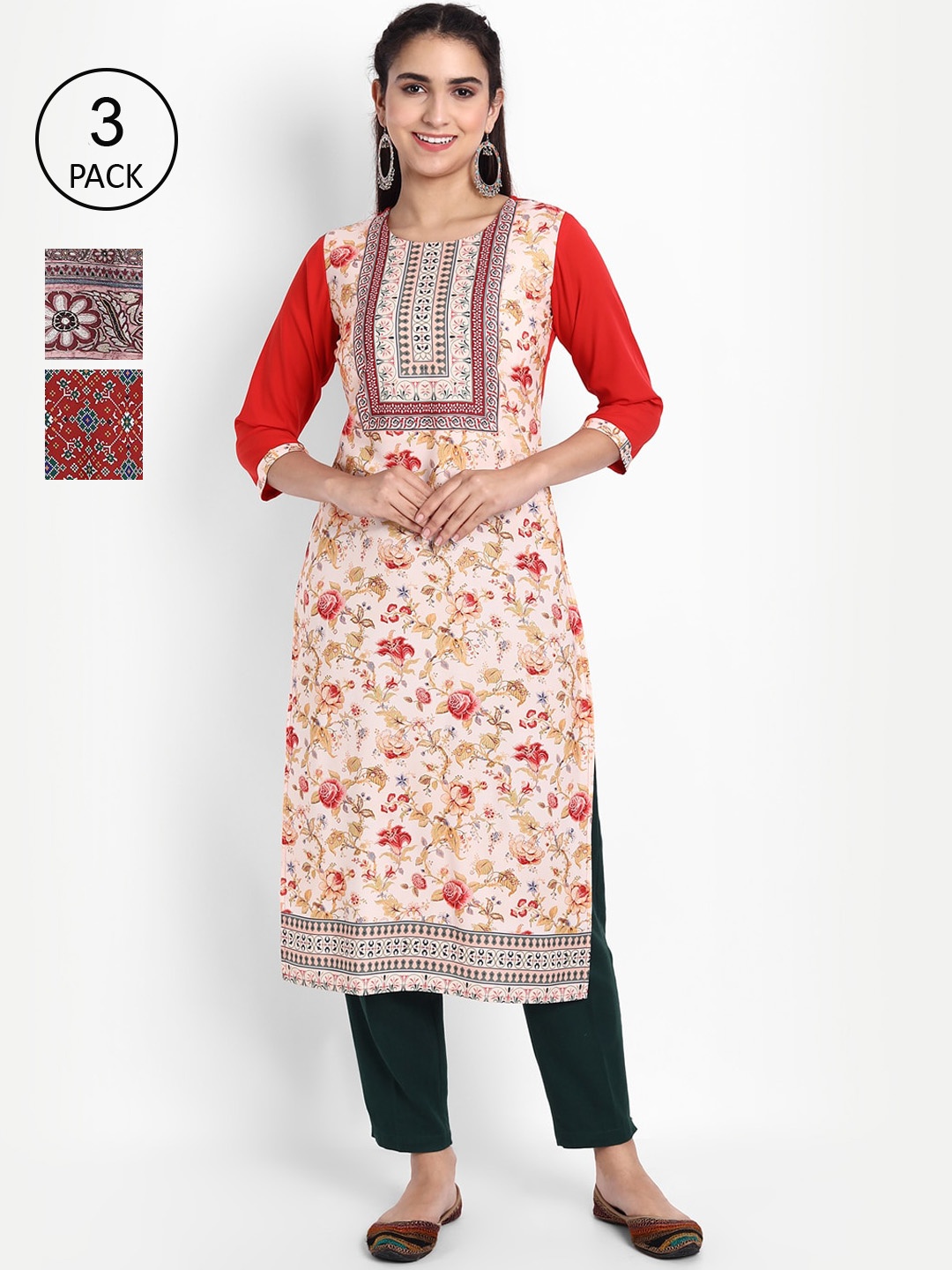 

Ethnic basket Women Set of 3 Ethnic Motifs Printed Crepe Kurta, Multi