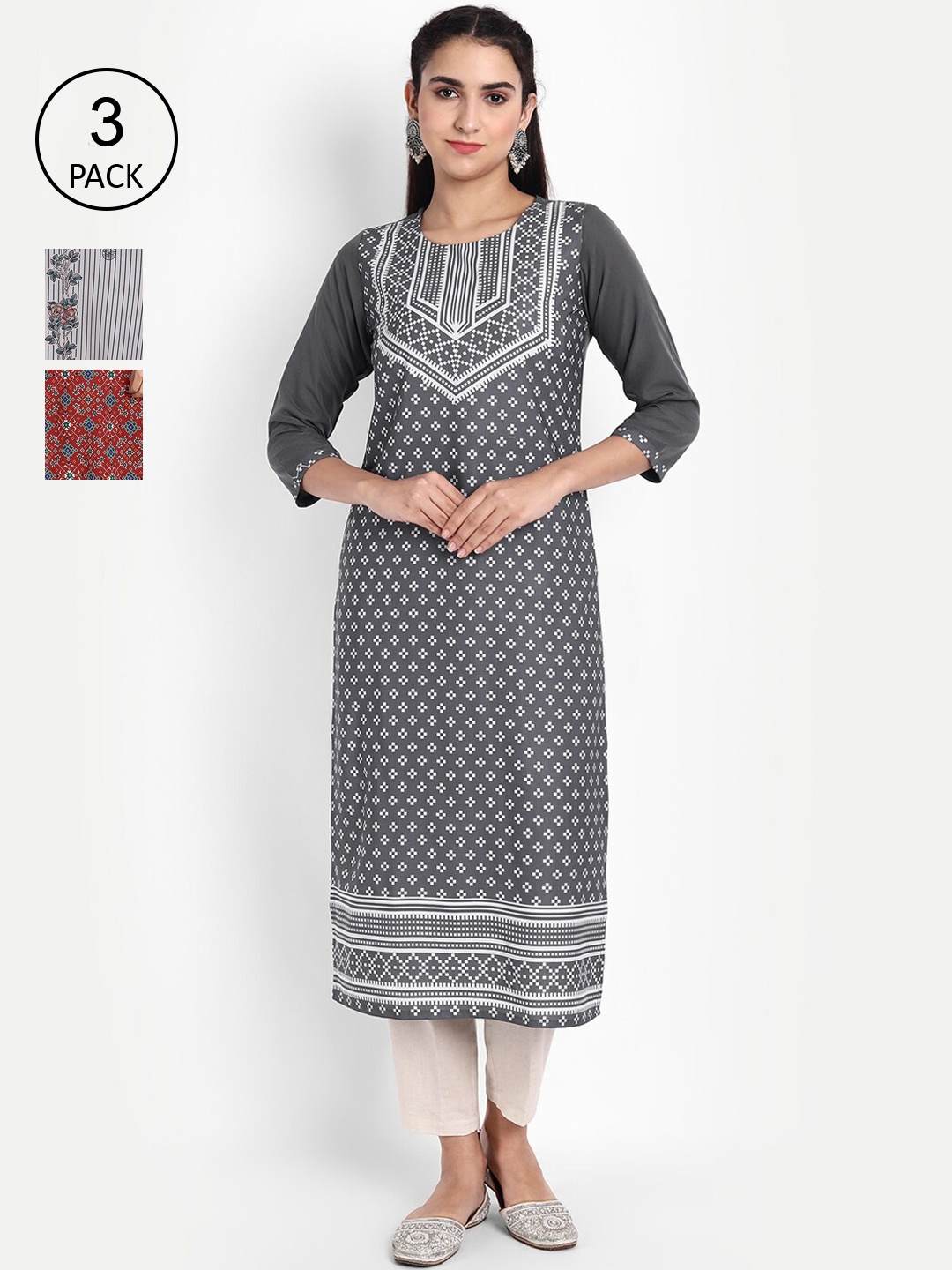 

Ethnic basket Women Pack of 3 Ethnic Motifs Printed Crepe Kurta, Grey