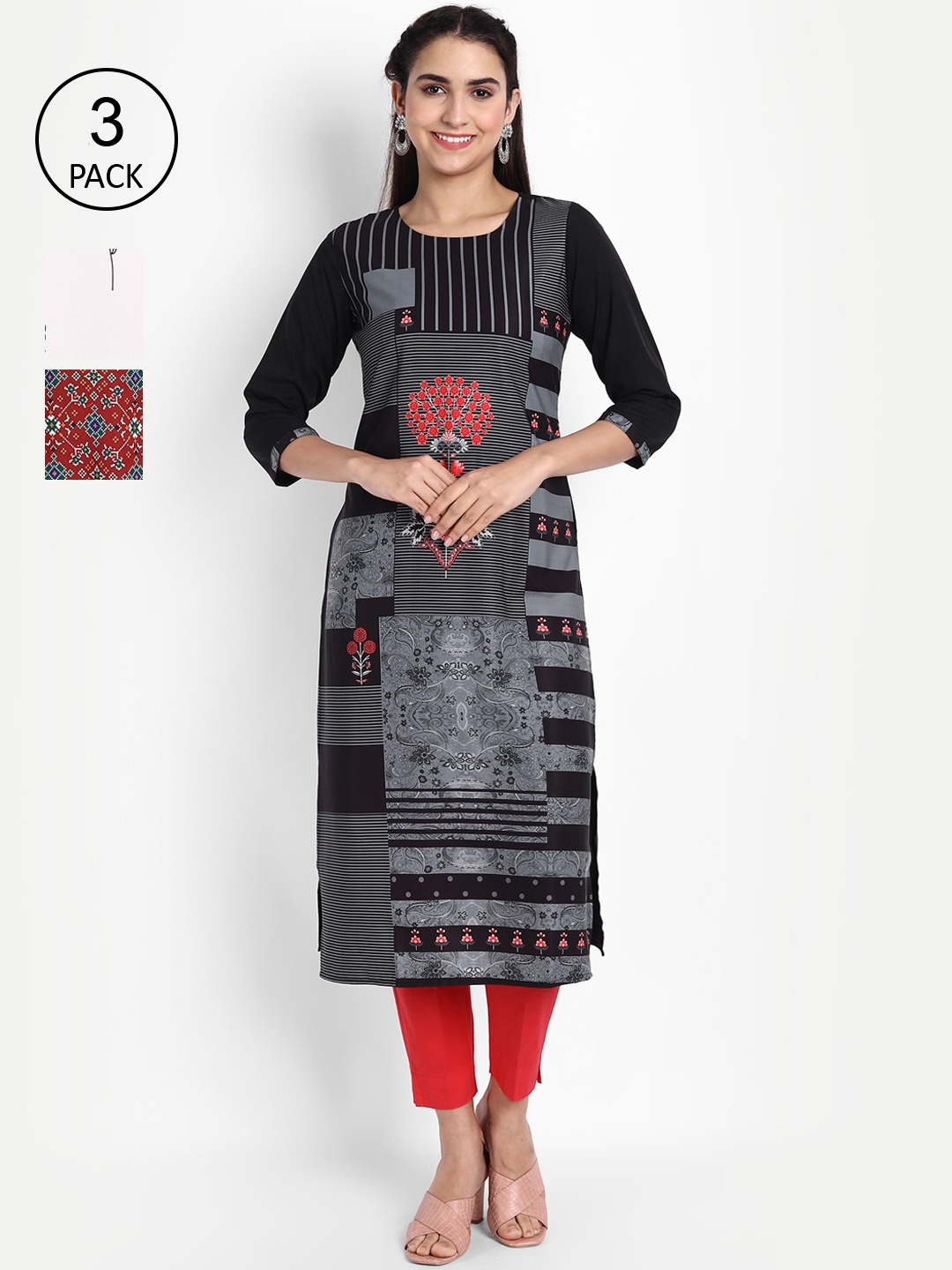 Ethnic basket Women Pack Of 3 Multicoloured Ethnic Motifs Printed Kurta, Multi