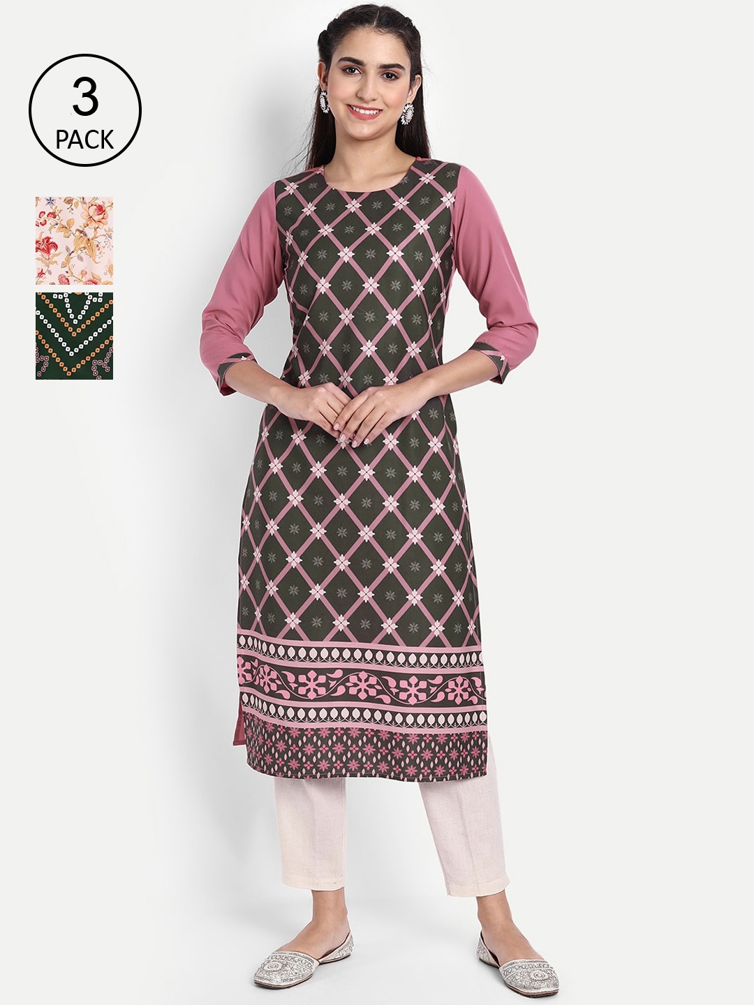 

Ethnic basket Women Pack Of 3 Printed Crepe Kurta, Green