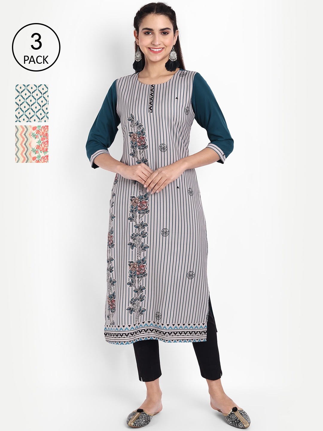

Ethnic basket Women Pack of 3 Ethnic Motifs Printed Crepe Kurta, Yellow