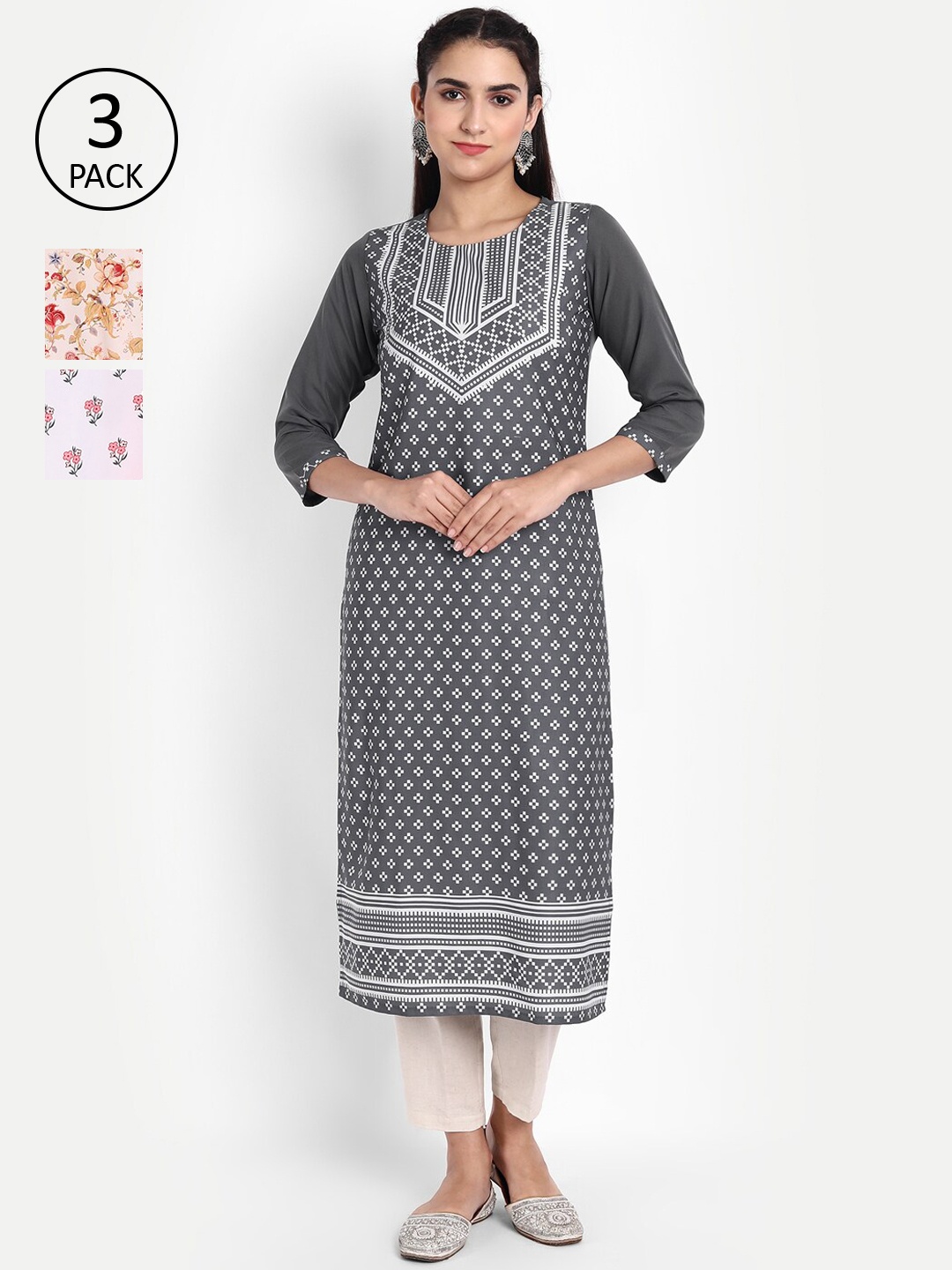 

Ethnic basket Women Pack Of 3 Printed Crepe Kurta, Grey