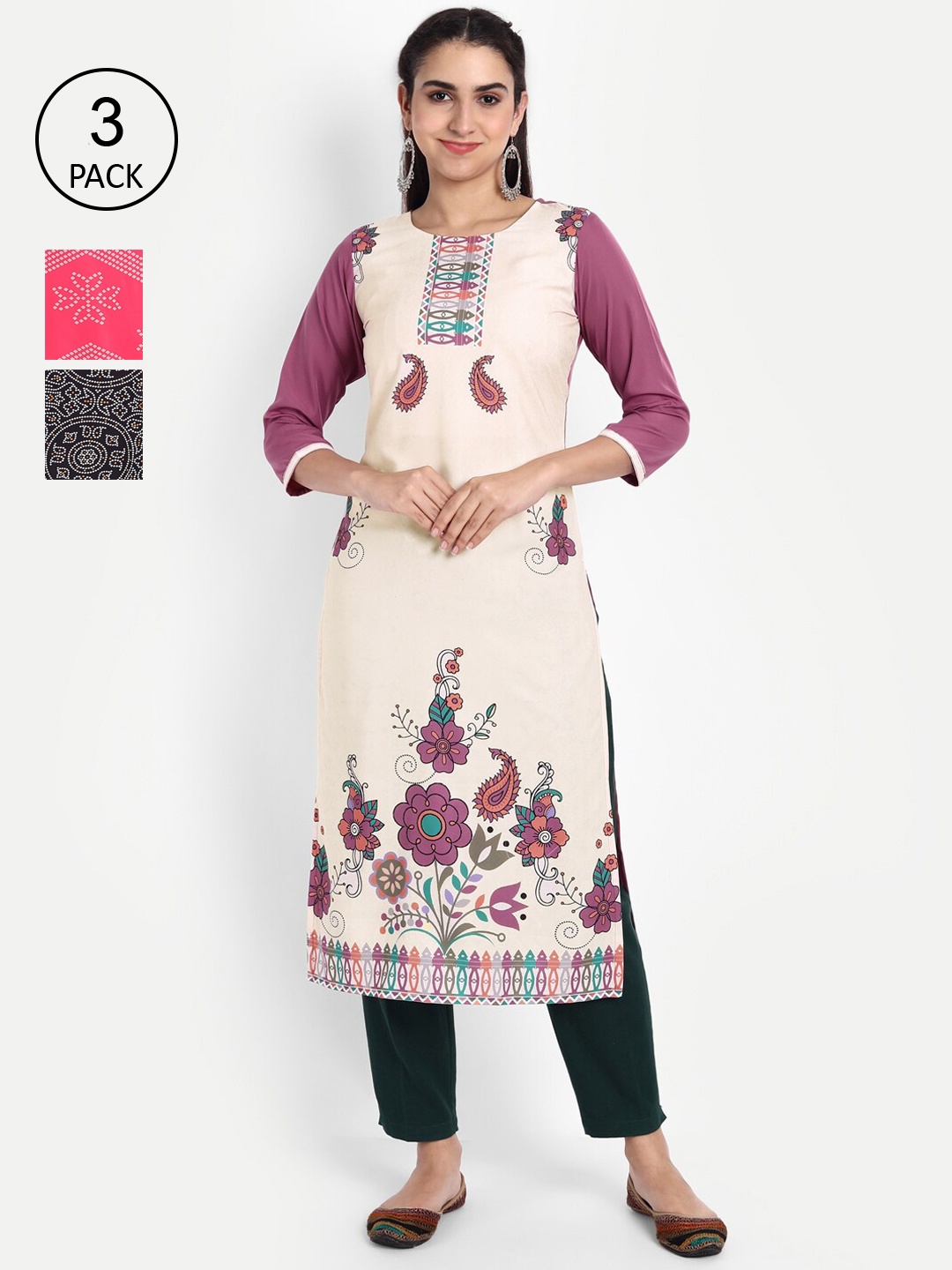 

Ethnic basket Women Pack Of 3 Printed Crepe Kurta, Cream