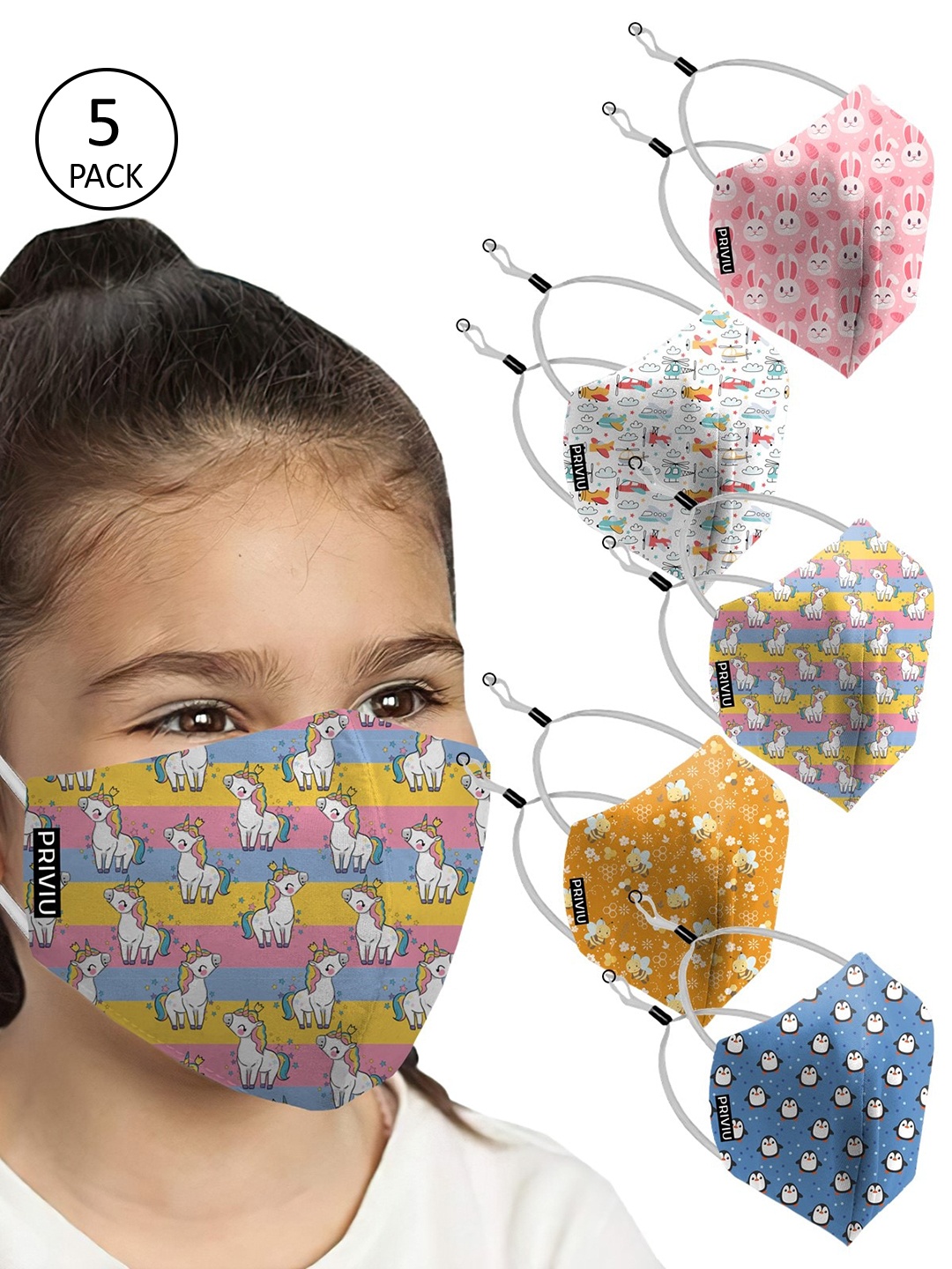 

PRIVIU Kids Pack Of 5 Multi-Coloured Printed 4-Ply Reusable Cloth Mask