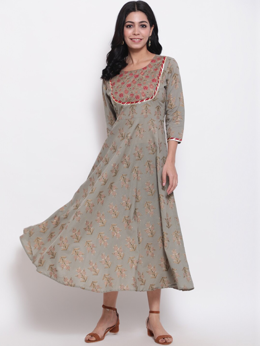 

GLAM ROOTS Green Floral Cotton Ethnic Midi Dress