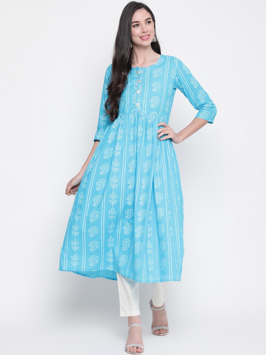 

GLAM ROOTS Women Turquoise Blue Floral Printed Cotton Kurta