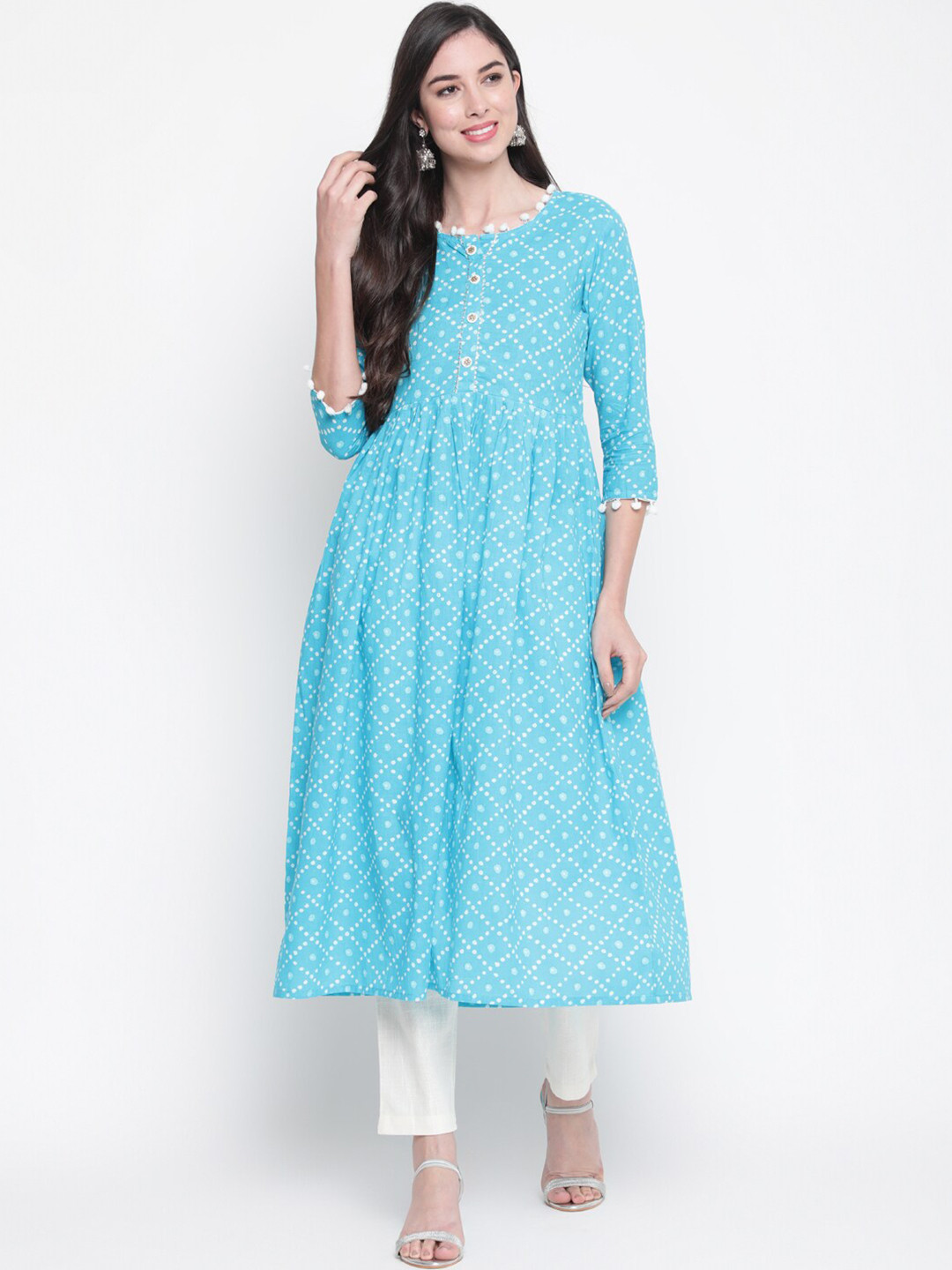 

GLAM ROOTS Women Turquoise Blue Ethnic Motifs Printed Cotton Kurta