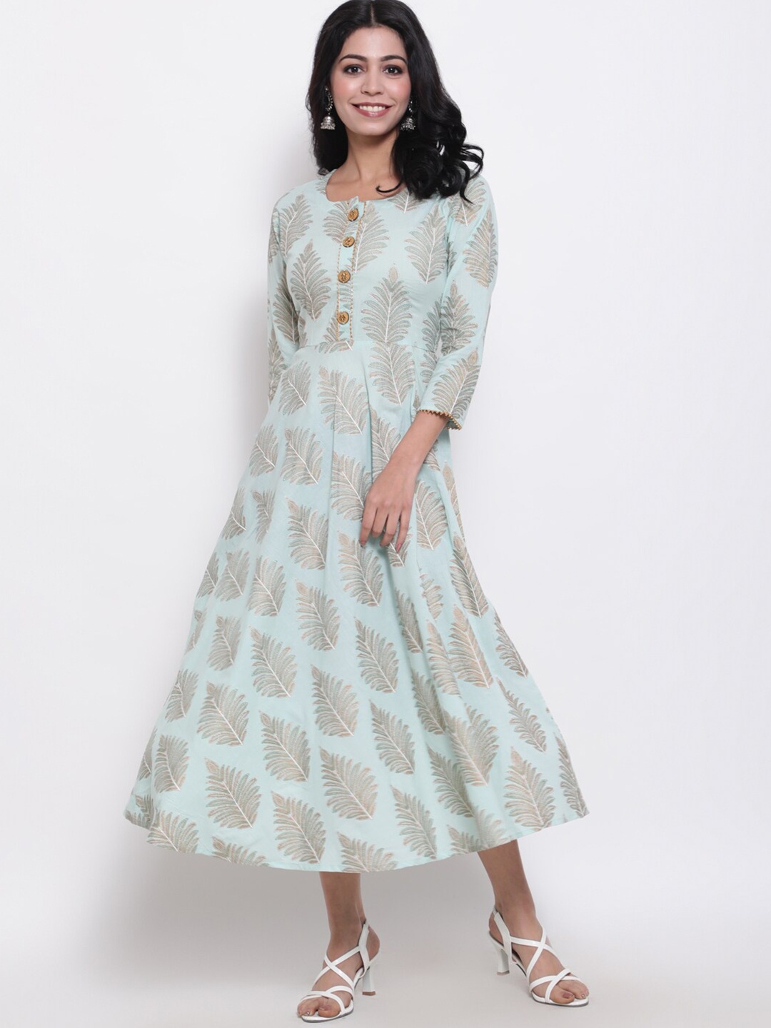 

GLAM ROOTS Green Printed Cotton Ethnic Midi Dress