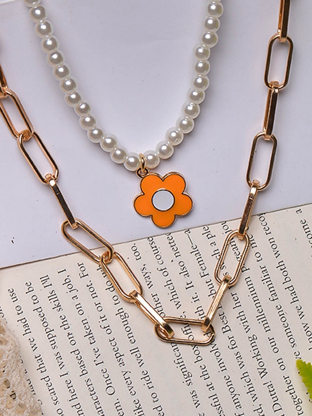

POPLINS Gold-Toned & White Gold-Plated Layered Pearl Sunflower Chain