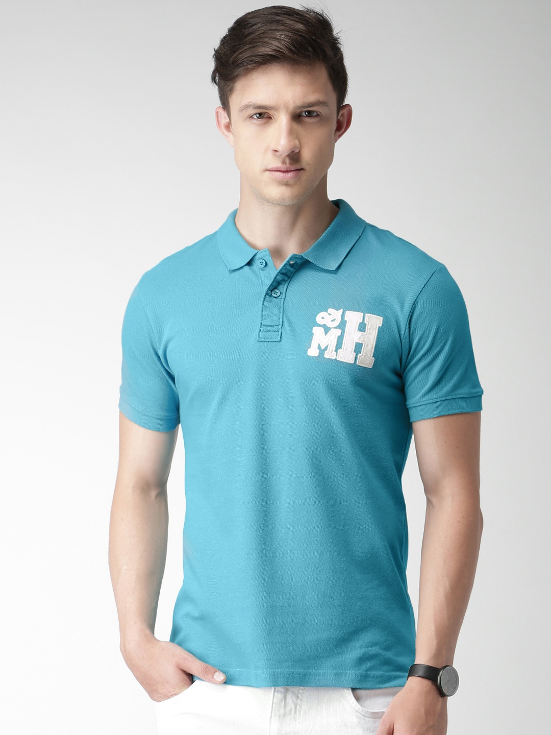 

Mast Harbour Men Blue Solid Polo Collar Pure Cotton T-shirt