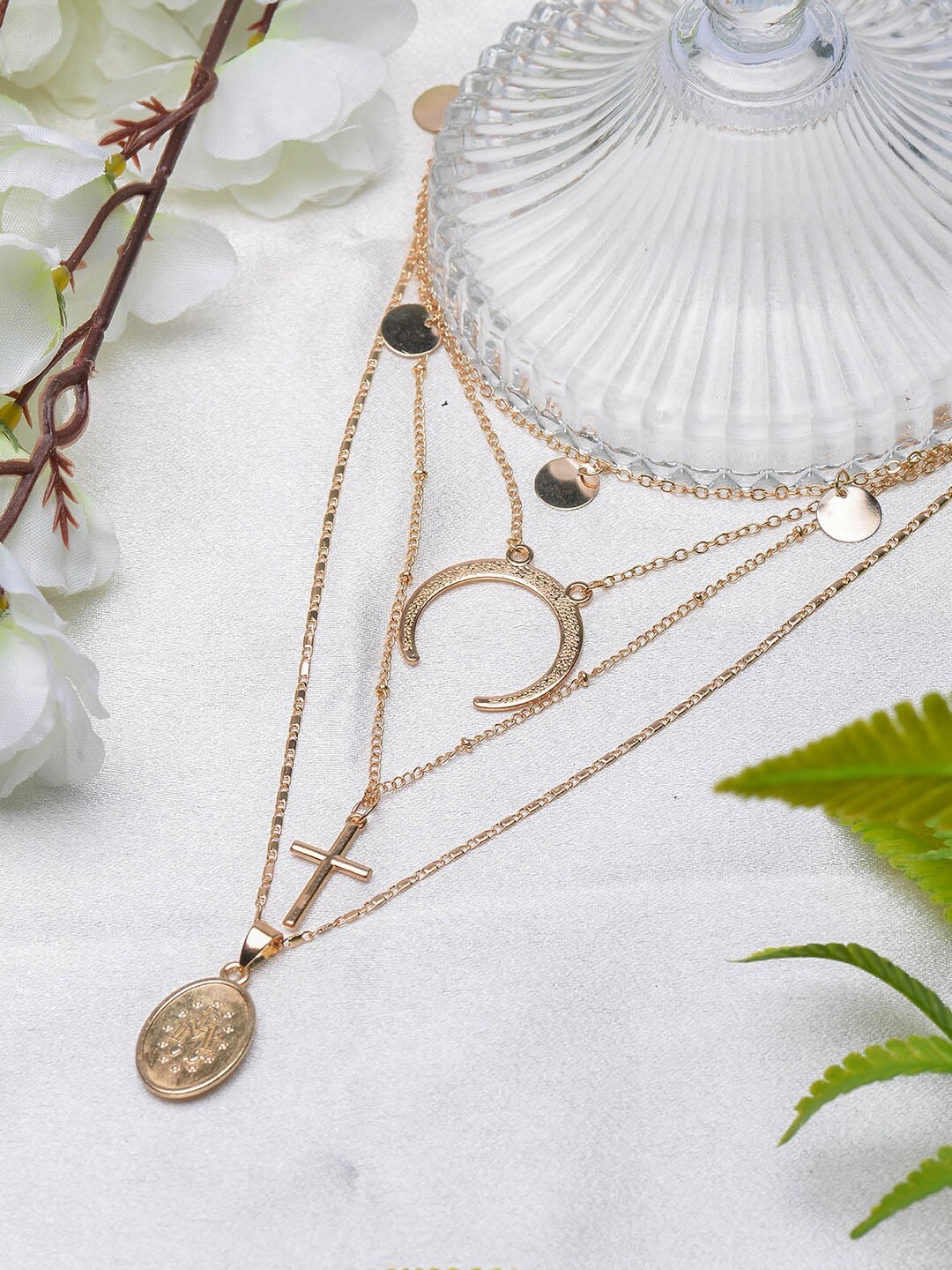

POPLINS Gold-Toned Gold-Plated Moon Cross Layered Necklace