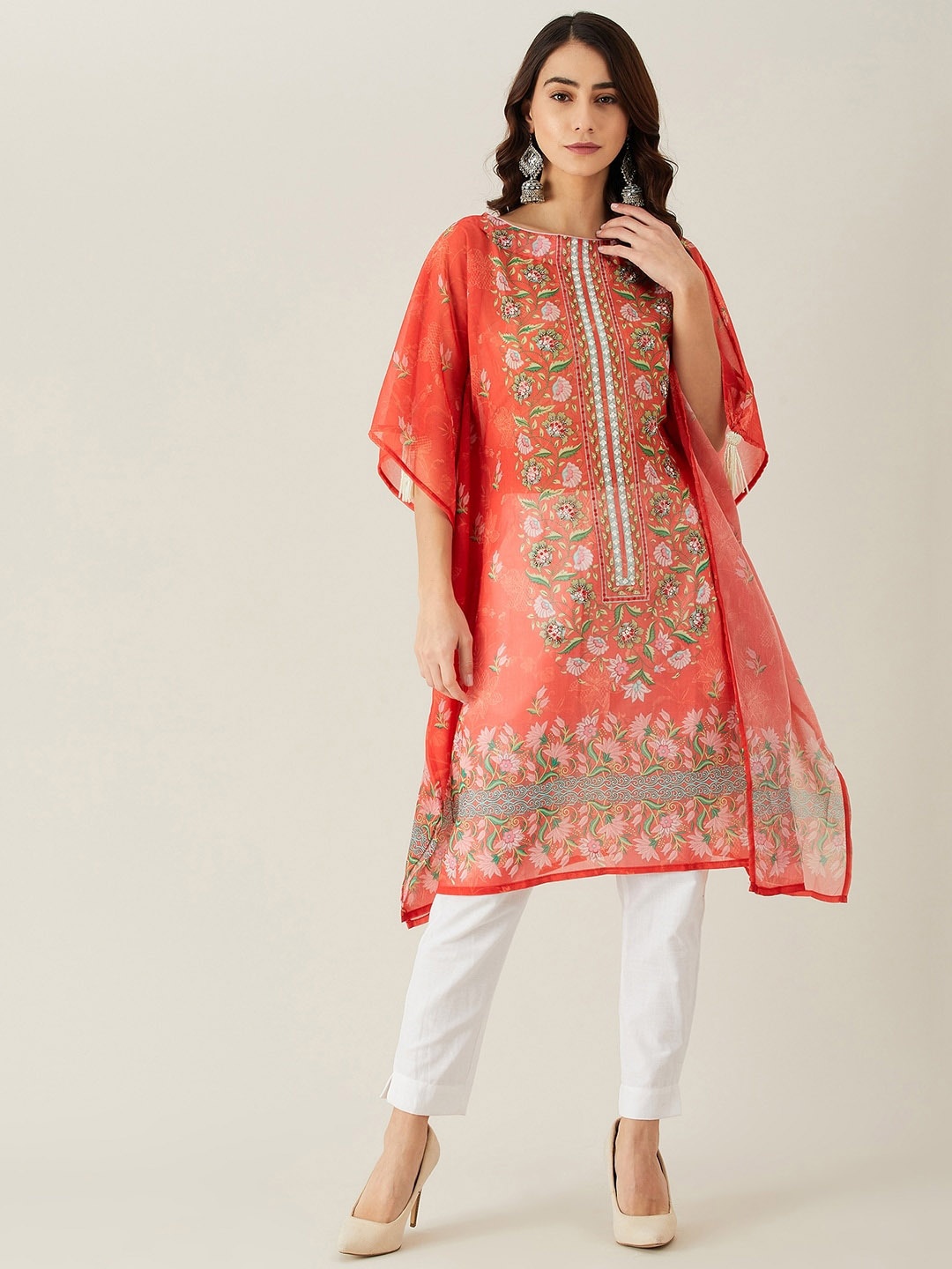 

The Kaftan Company Women Red Floral Printed Flared Sleeves Floral Georgette Kaftan Kurta