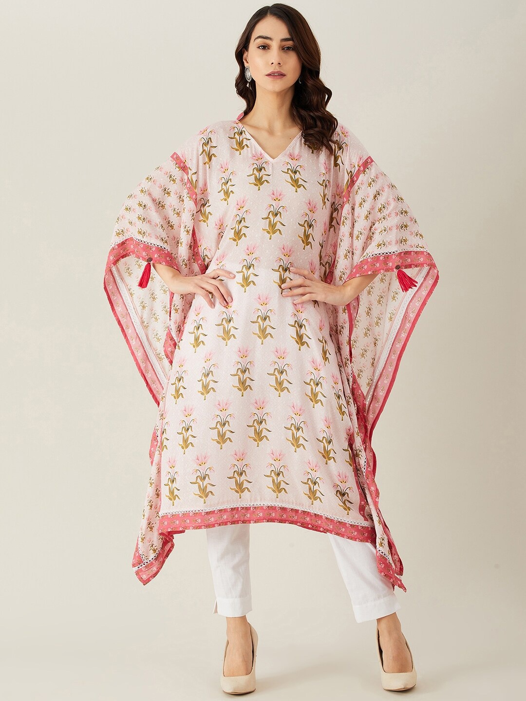 The Kaftan Company Women Pink Floral Printed Flared Sleeves Floral Dobby Kaftan Kurta