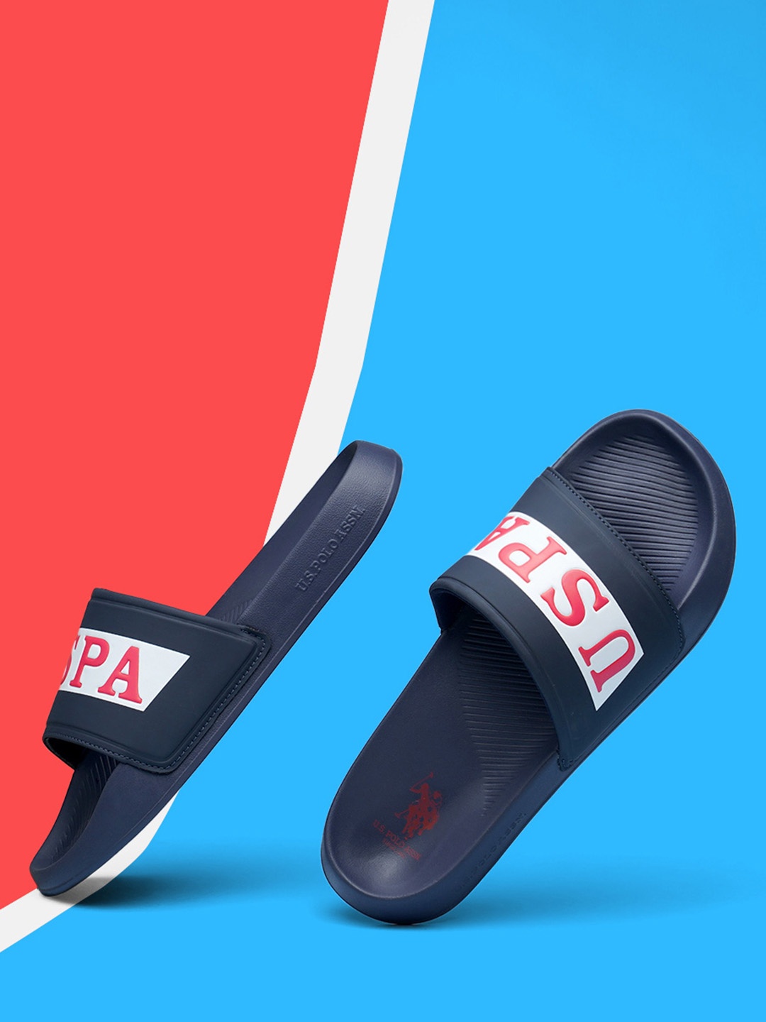 

U.S. Polo Assn. Men Navy Blue & White Brand Logo Print Sliders with Textured Detail