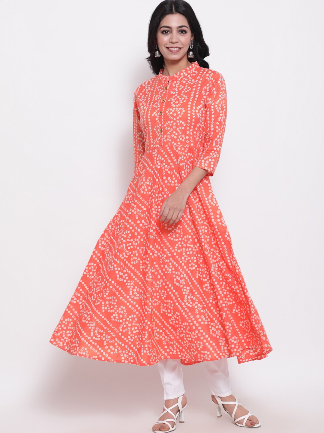 

GLAM ROOTS Women Orange & White Bandhani Printed Anarkali Kurta