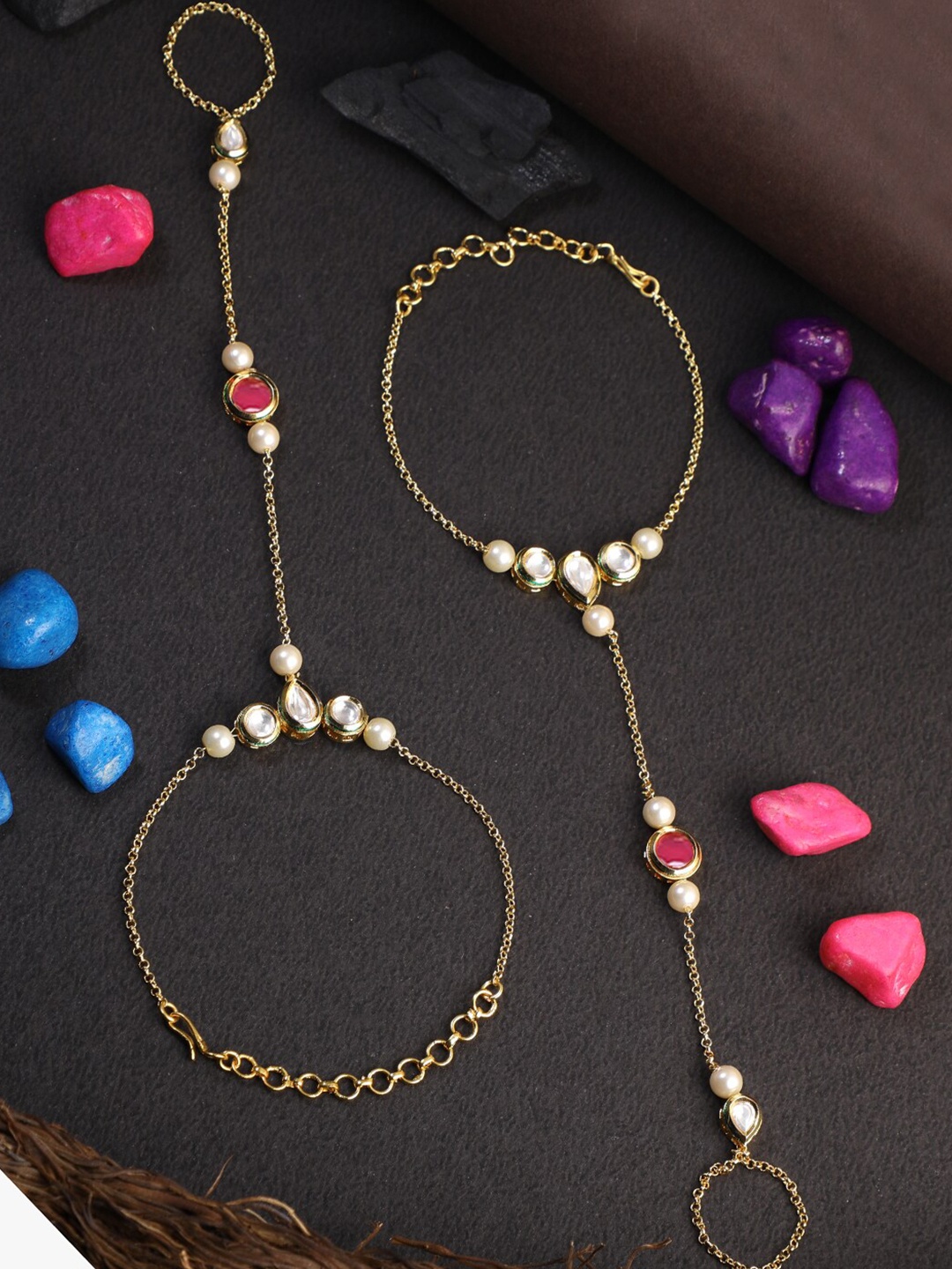 

Adwitiya Collection Women Gold-Toned & Red Set Of 2 Kundan & Pearl Studded Ring Bracelet