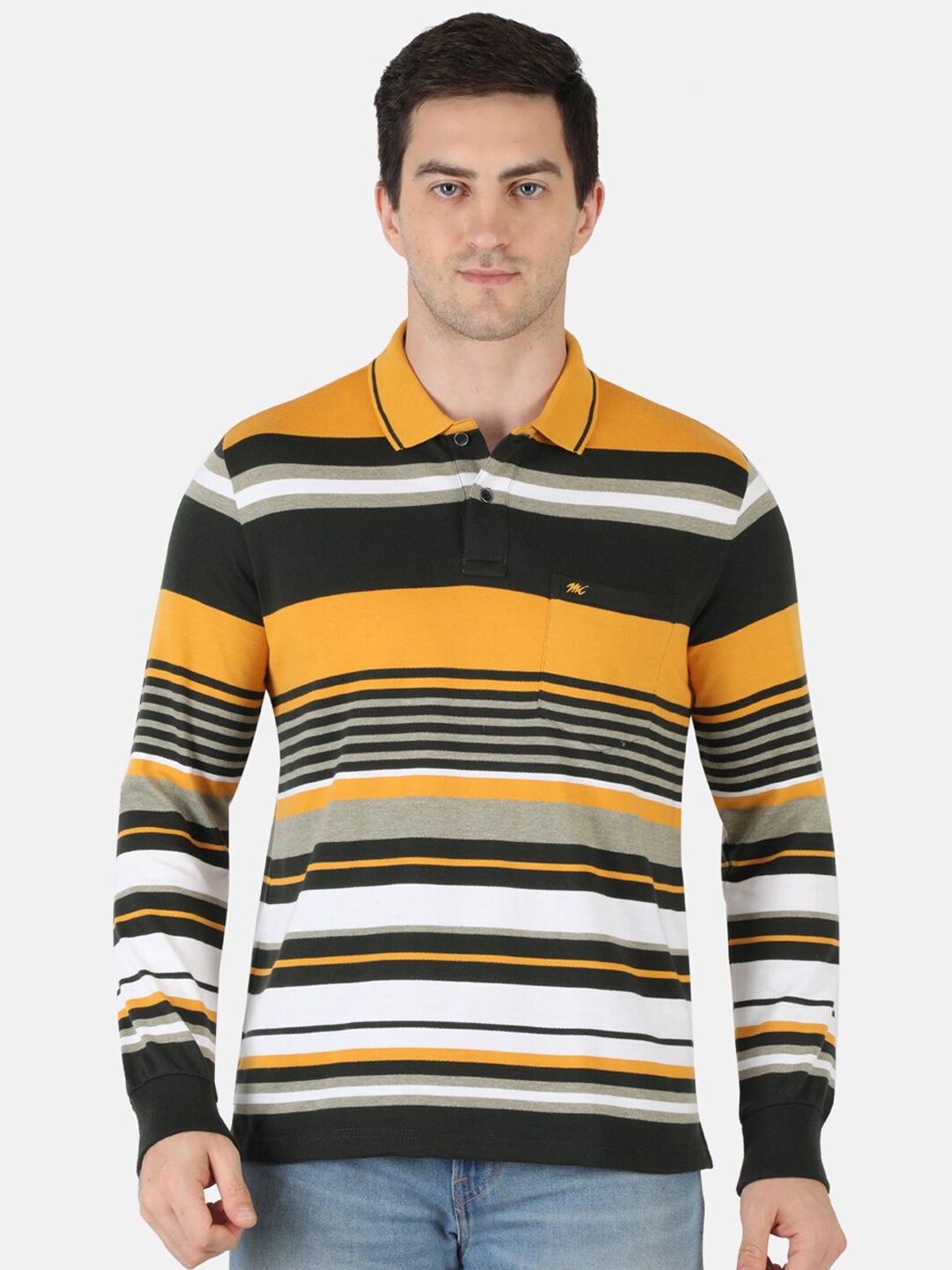 

Monte Carlo Men Mustard Yellow & Black Striped Polo Collar Pockets T-shirt
