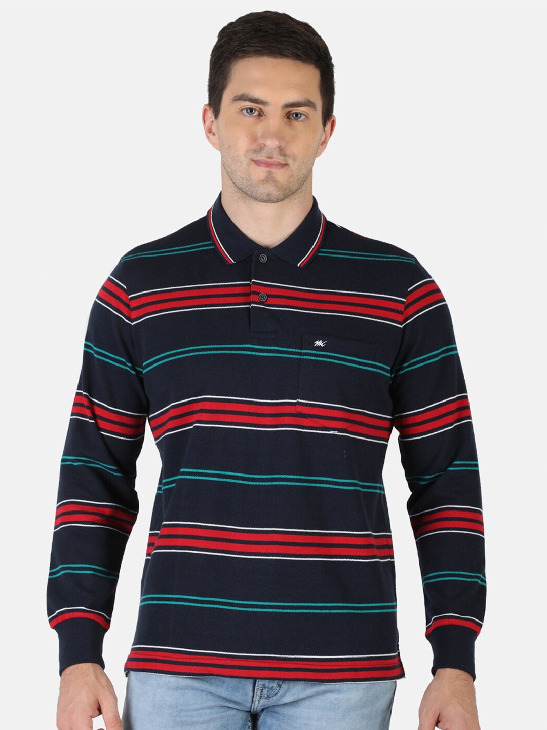 

Monte Carlo Men Navy Blue & Red Striped Polo Collar Pockets T-shirt