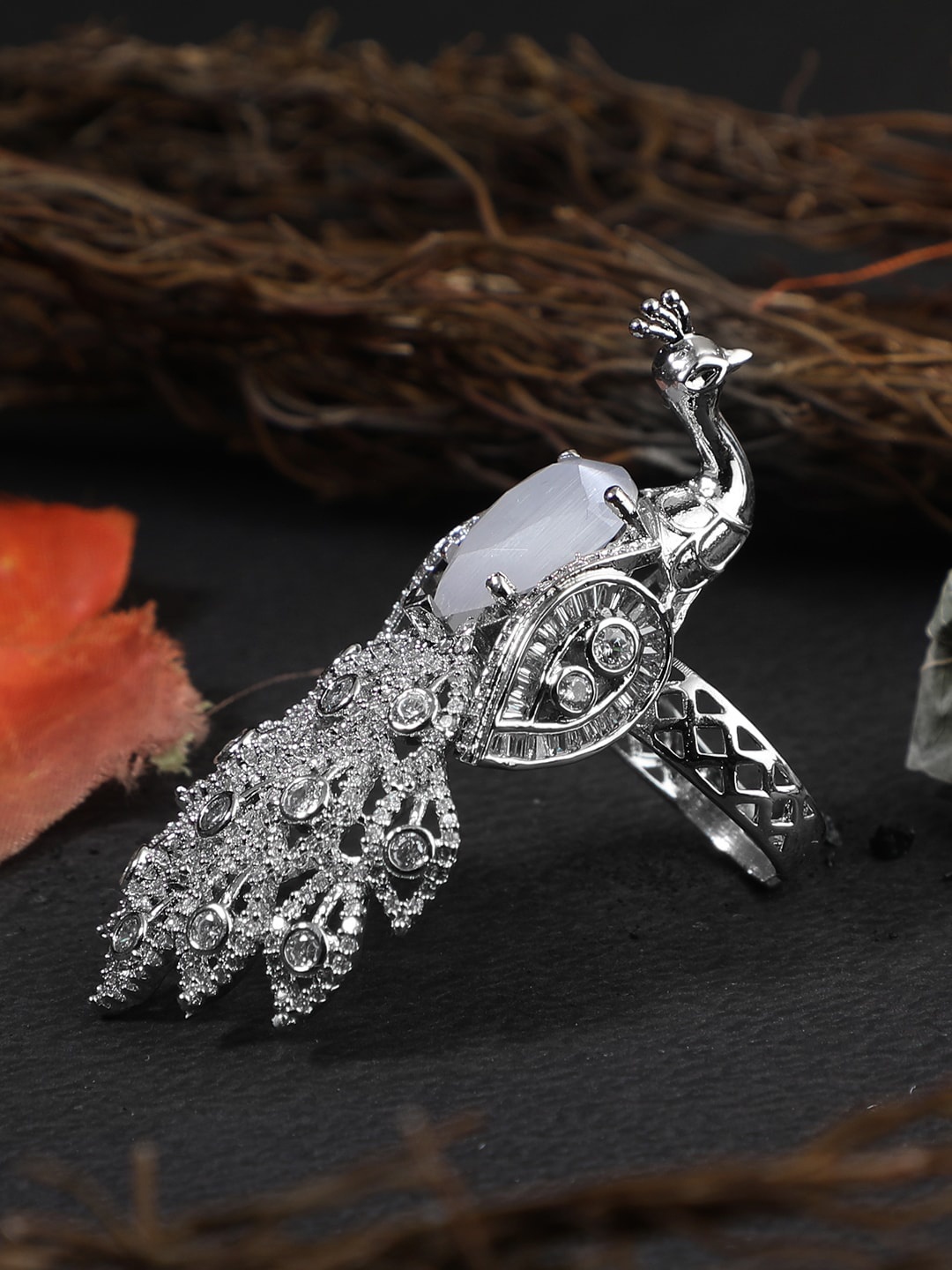 

Adwitiya Collection Woman Silver Rhodium-Plated Peacock Adjustable Finger Ring