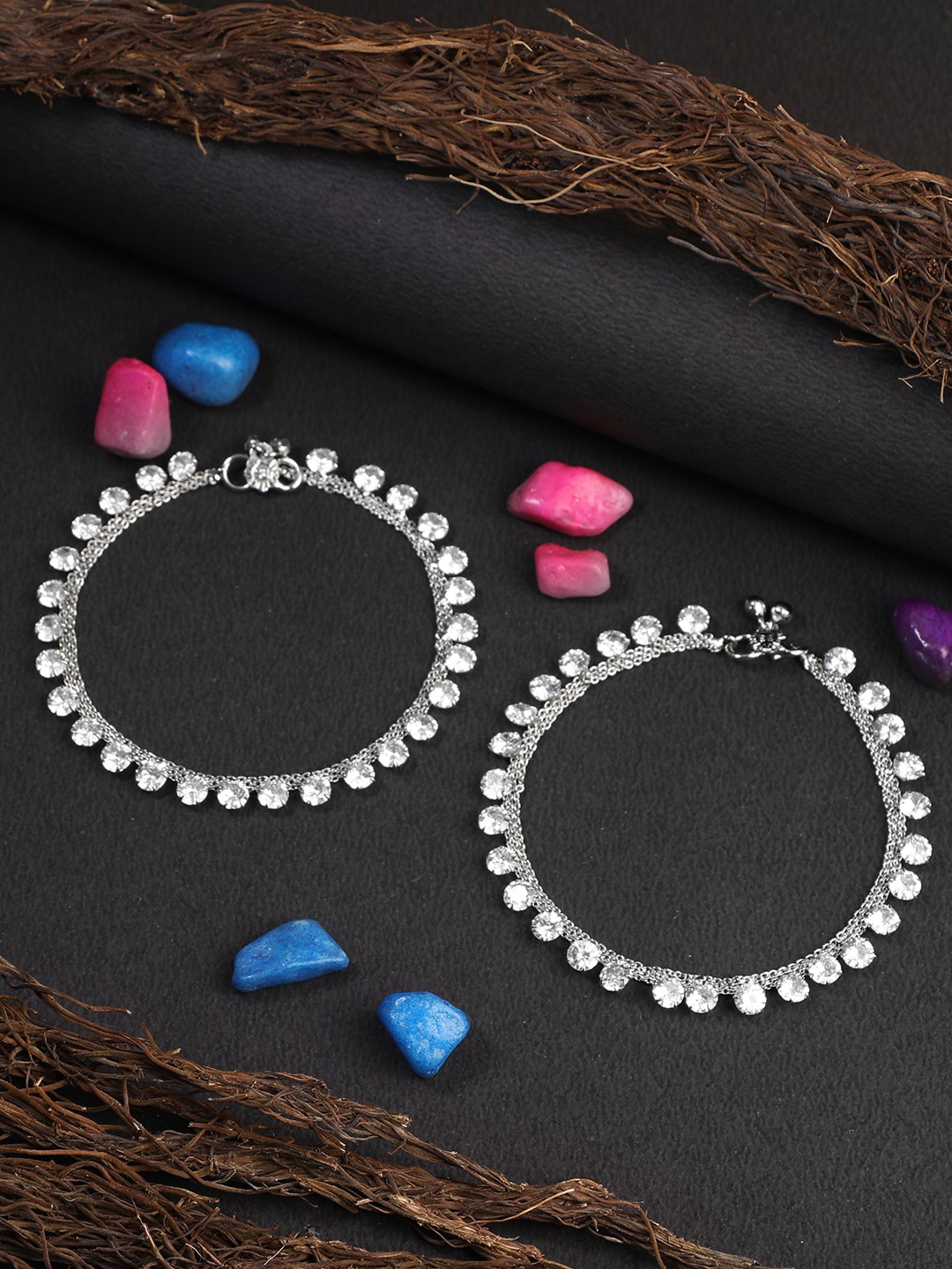 

Adwitiya Collection Set Of 2 Silver-Plated & White Stone-Studded Anklets