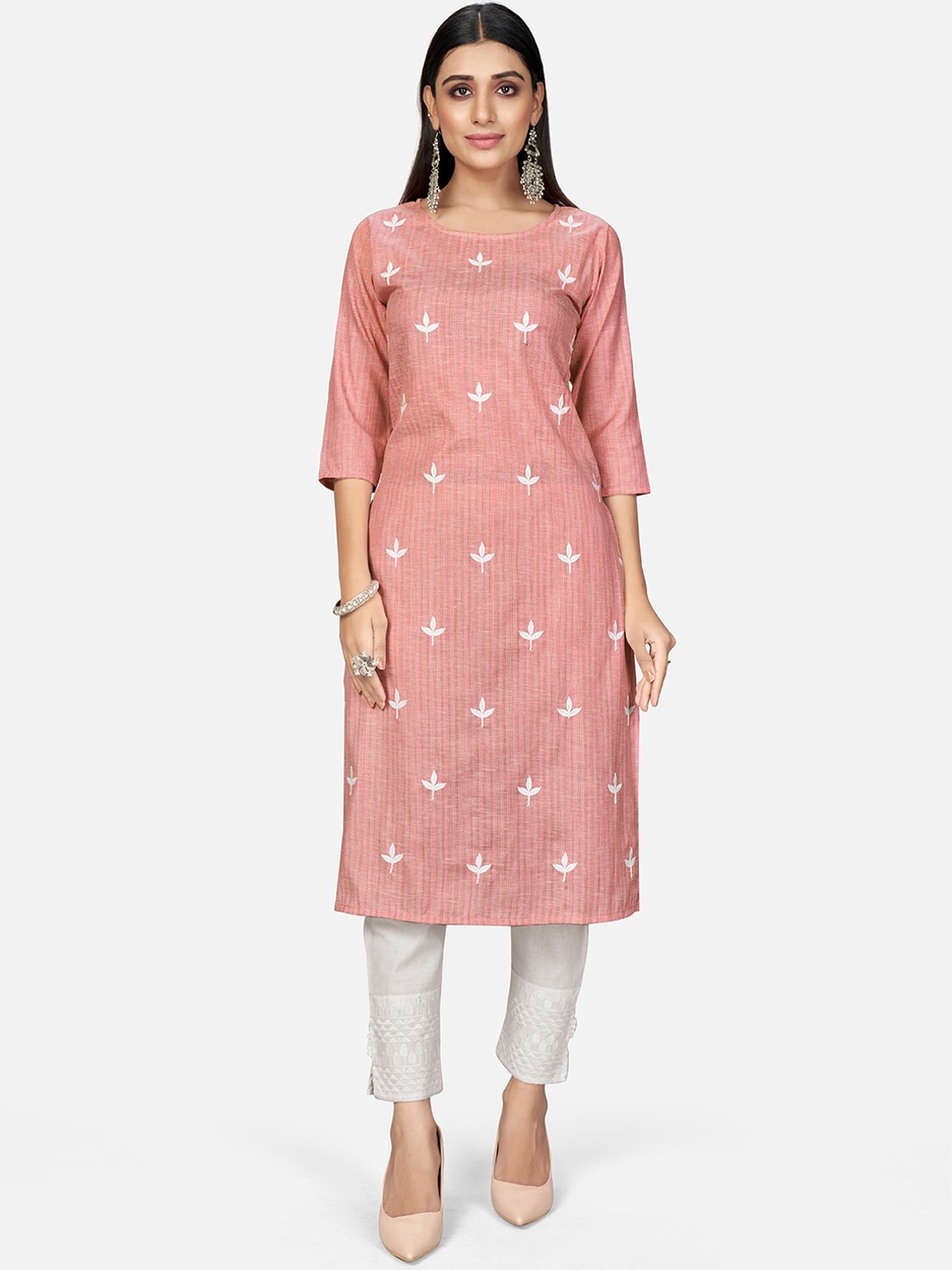

Vbuyz Women Pink Striped Embroidered Cotton Kurta