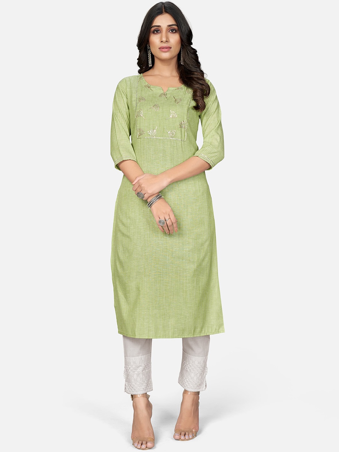 

Vbuyz Women Green Striped Thread Work Kurta