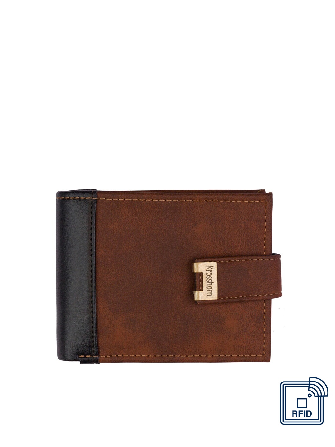 

Krosshorn Men Brown & Black Two Fold RFID Protected Wallet