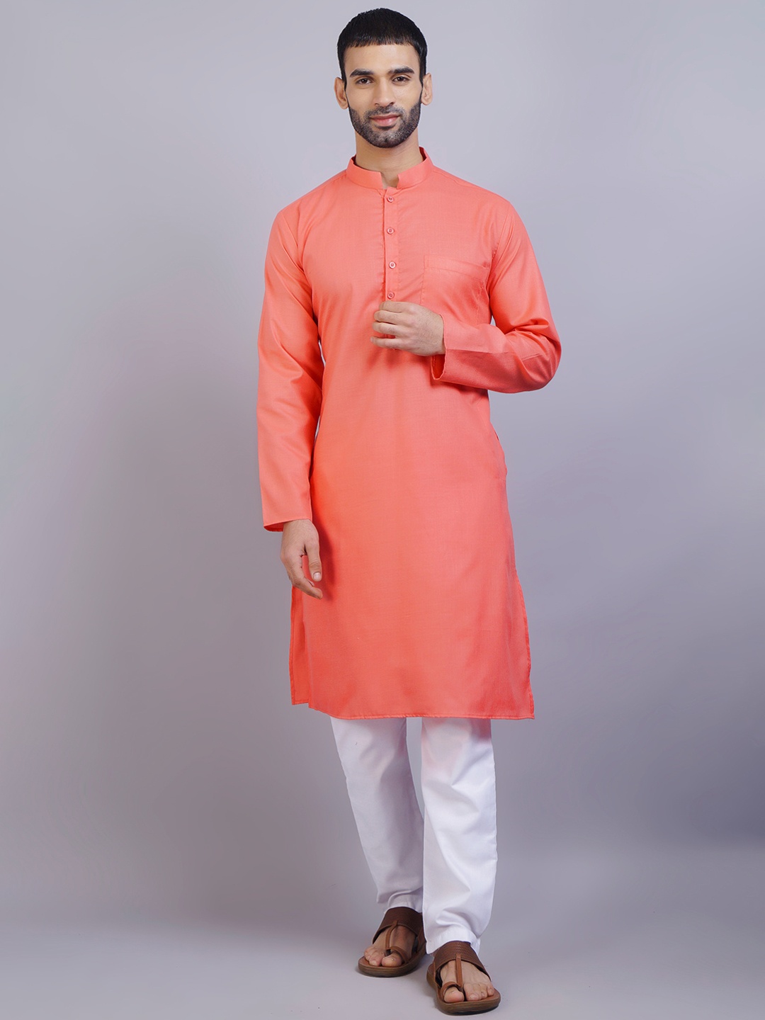 

GRACIT Men Peach-Coloured & White Kurta with Pyjamas Kurta Set