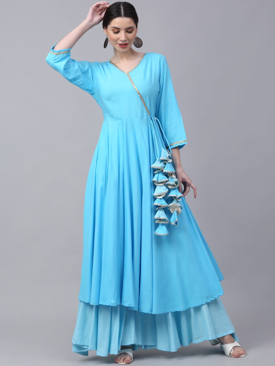 

Rudra Bazaar Women Turquoise Blue Angrakha Gotta Patti Kurta with Sharara