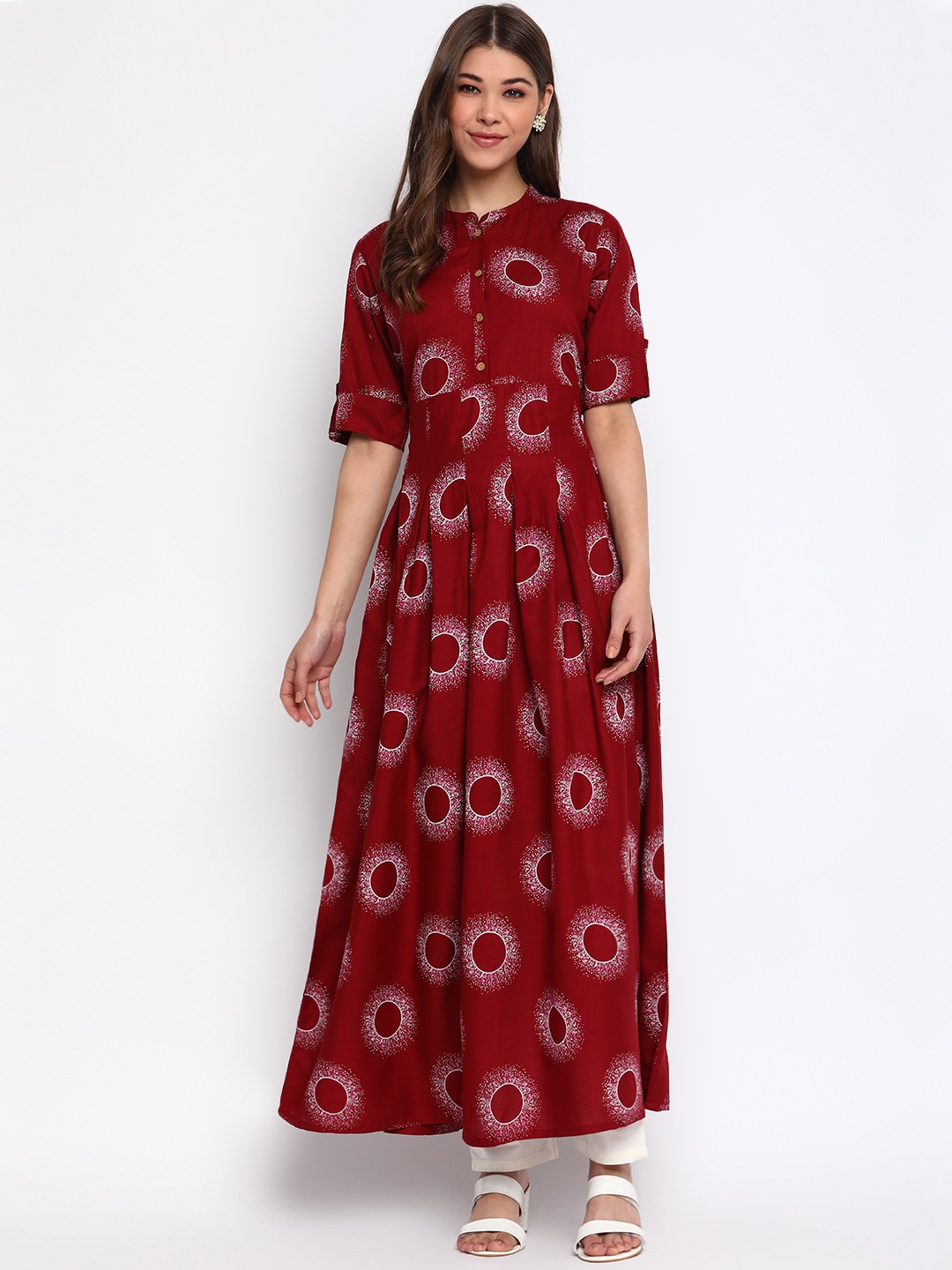 

Wodreams Women Rust Geometric Printed Flared Long Kurta