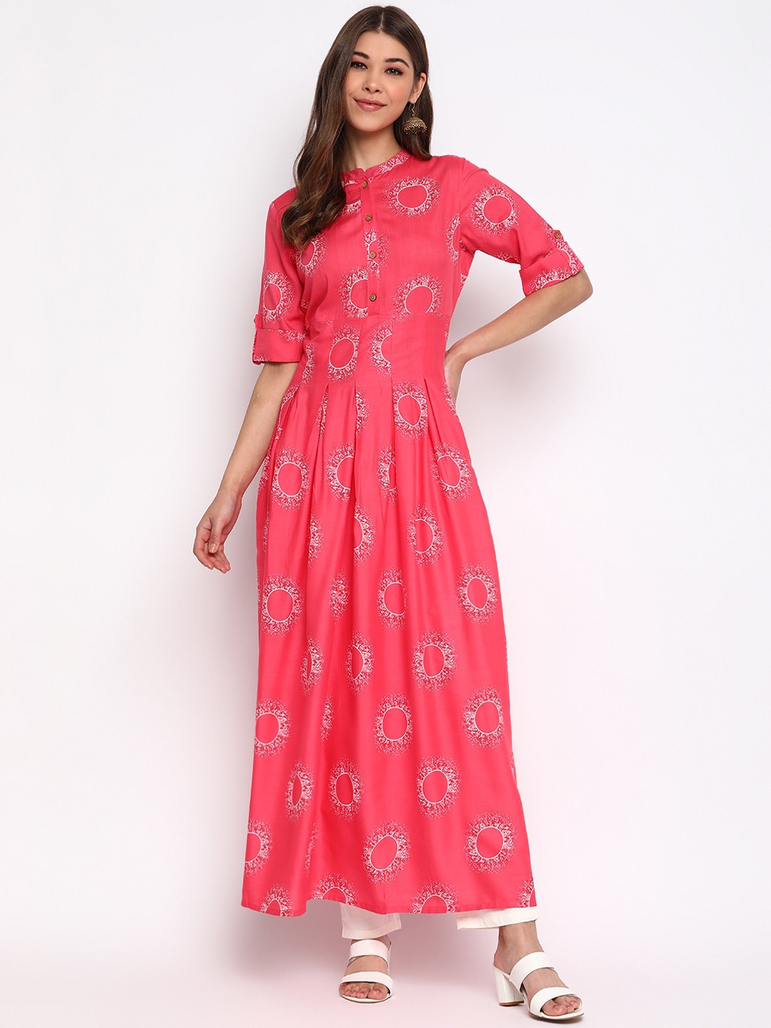 

Wodreams Women Pink & White Printed Anarkali Kurta