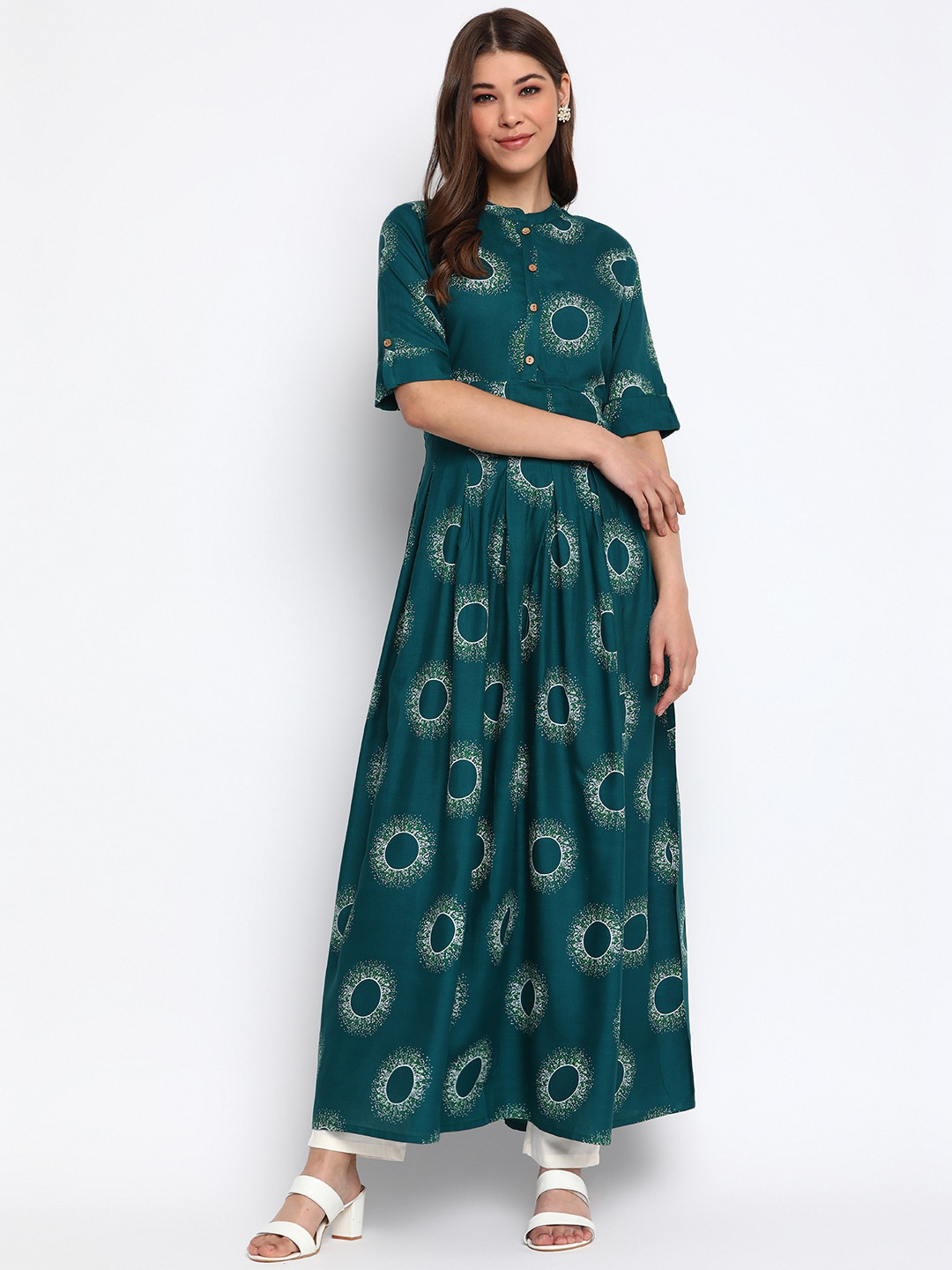 

Wodreams Women Green Geometric Flared Kurta