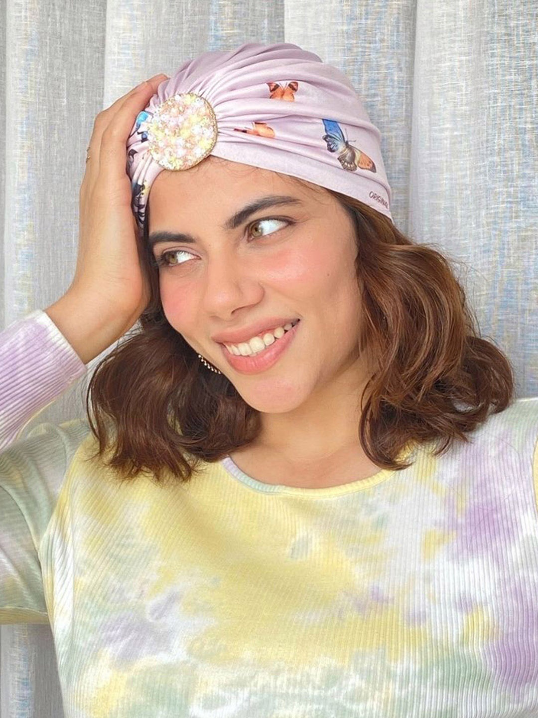 

HAIR DRAMA CO. Women Lavender & Blue Embellished Printed Turban