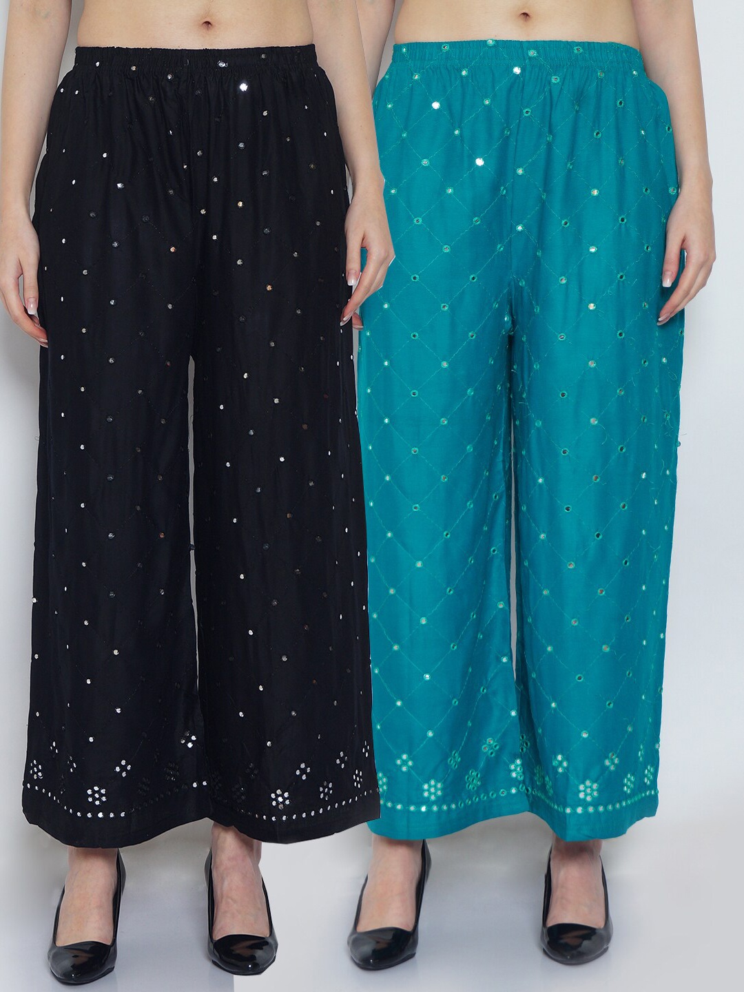 

Jinfo Women Black & Blue Set Of 2 Embroidered Flared Ethnic Palazzos