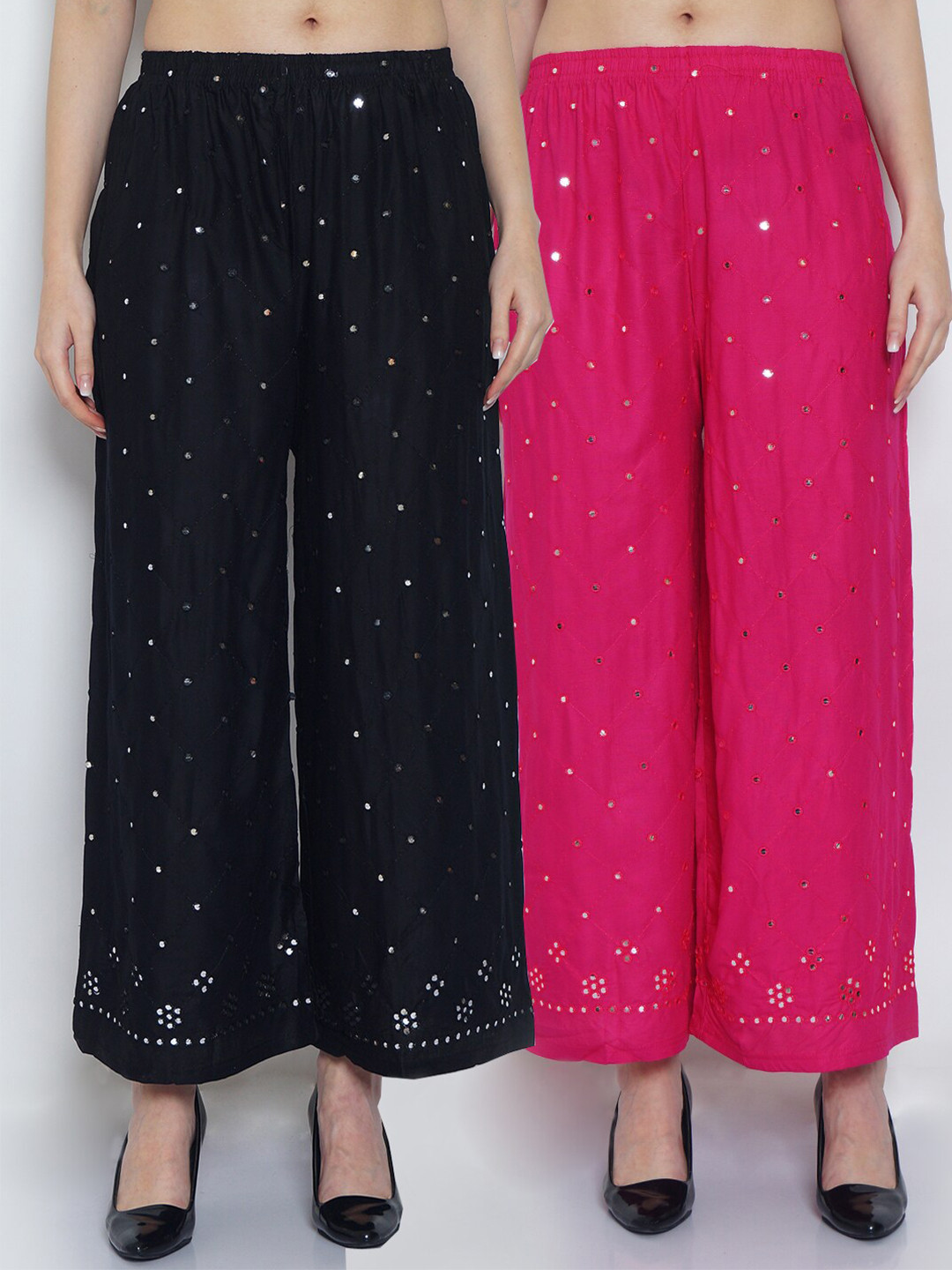

Jinfo Women Black & Pink Set of 2 Embroidered Flared Knitted Ethnic Palazzos