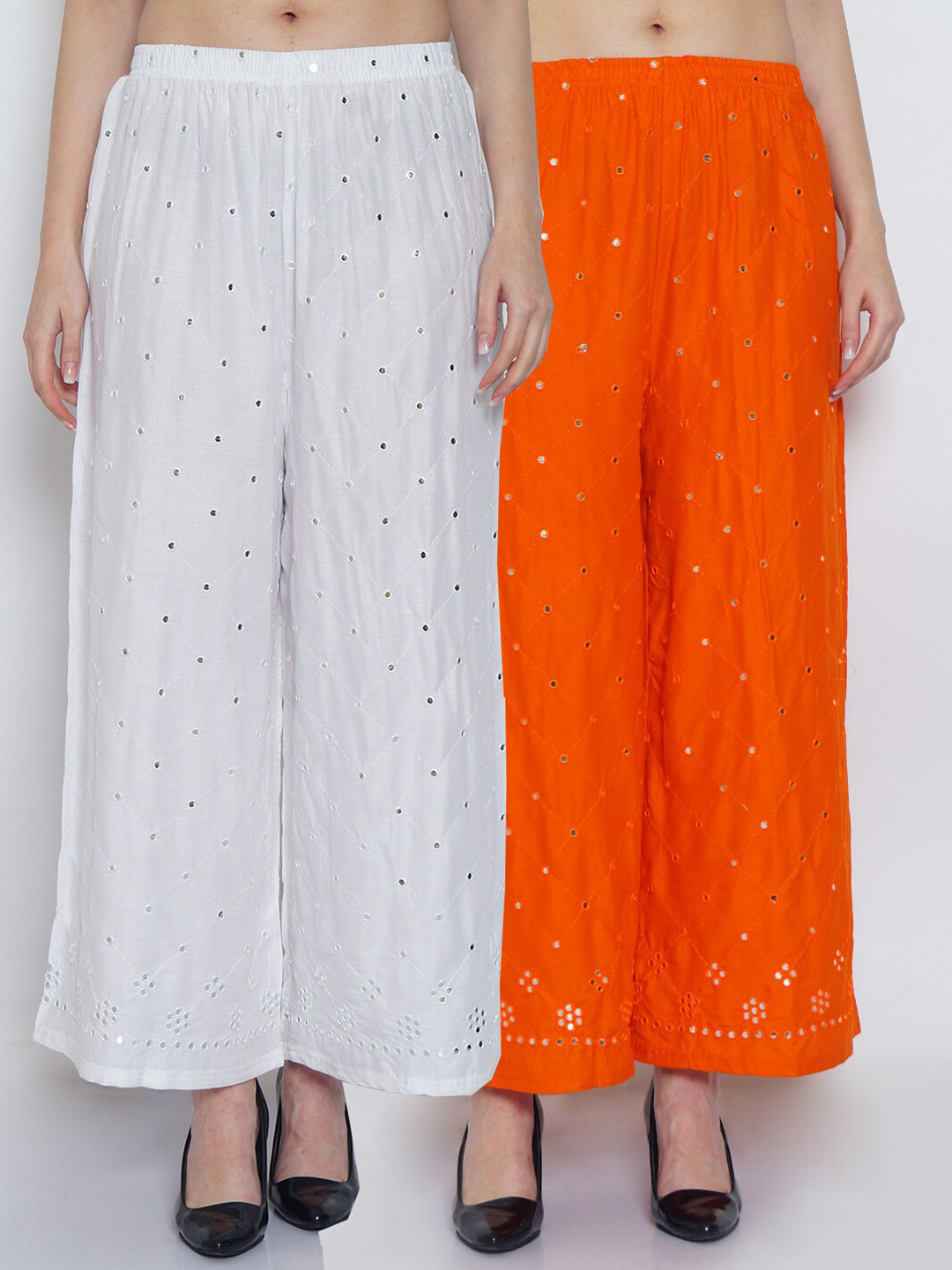 

Jinfo Women White & Orange Set of 2 Embroidered Flared Knitted Ethnic Palazzos