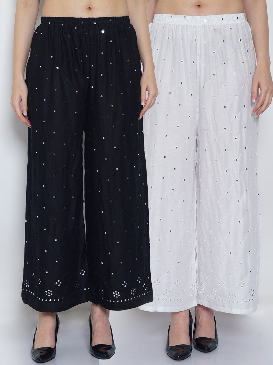 

Jinfo Women Black & White Set Of 2 Embroidered Flared Ethnic Palazzos