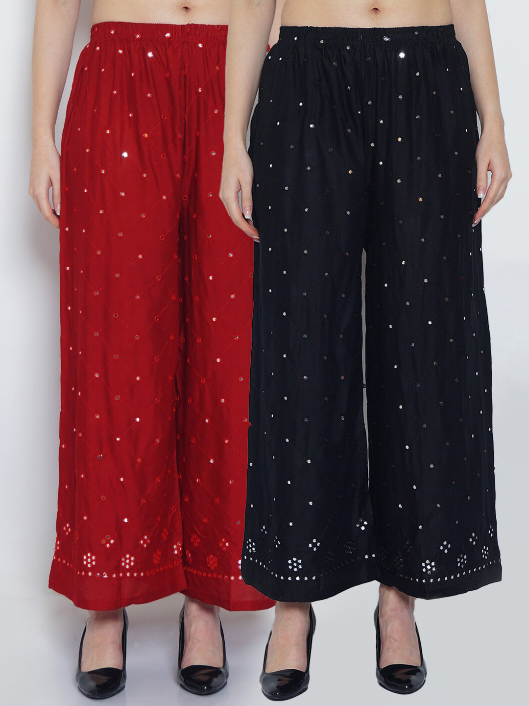 

Jinfo Women Black & Maroon Pack of 2 Embellished Flared Ethnic Palazzos