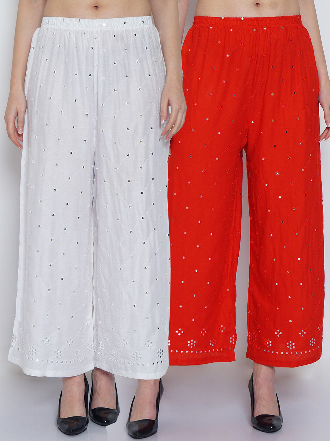 

Jinfo Women White & Red 2 Embroidered Flared Ethnic Palazzos