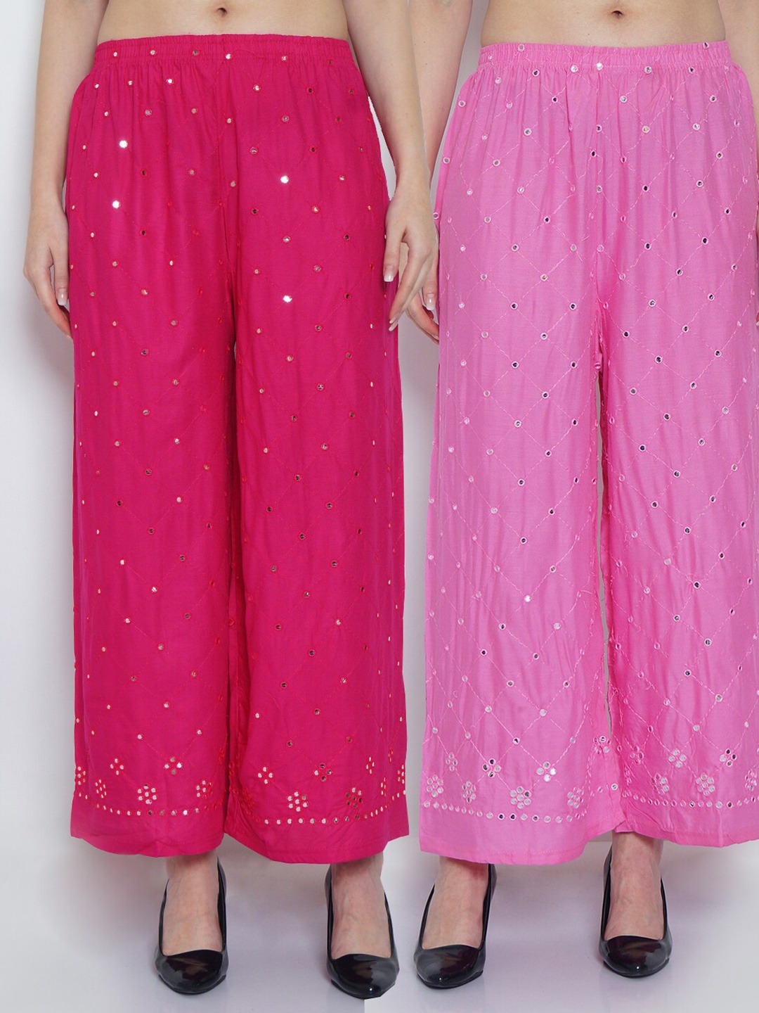 

Jinfo Women Pink & Magenta Set of 2 Embroidered Flared Knitted Ethnic Palazzos